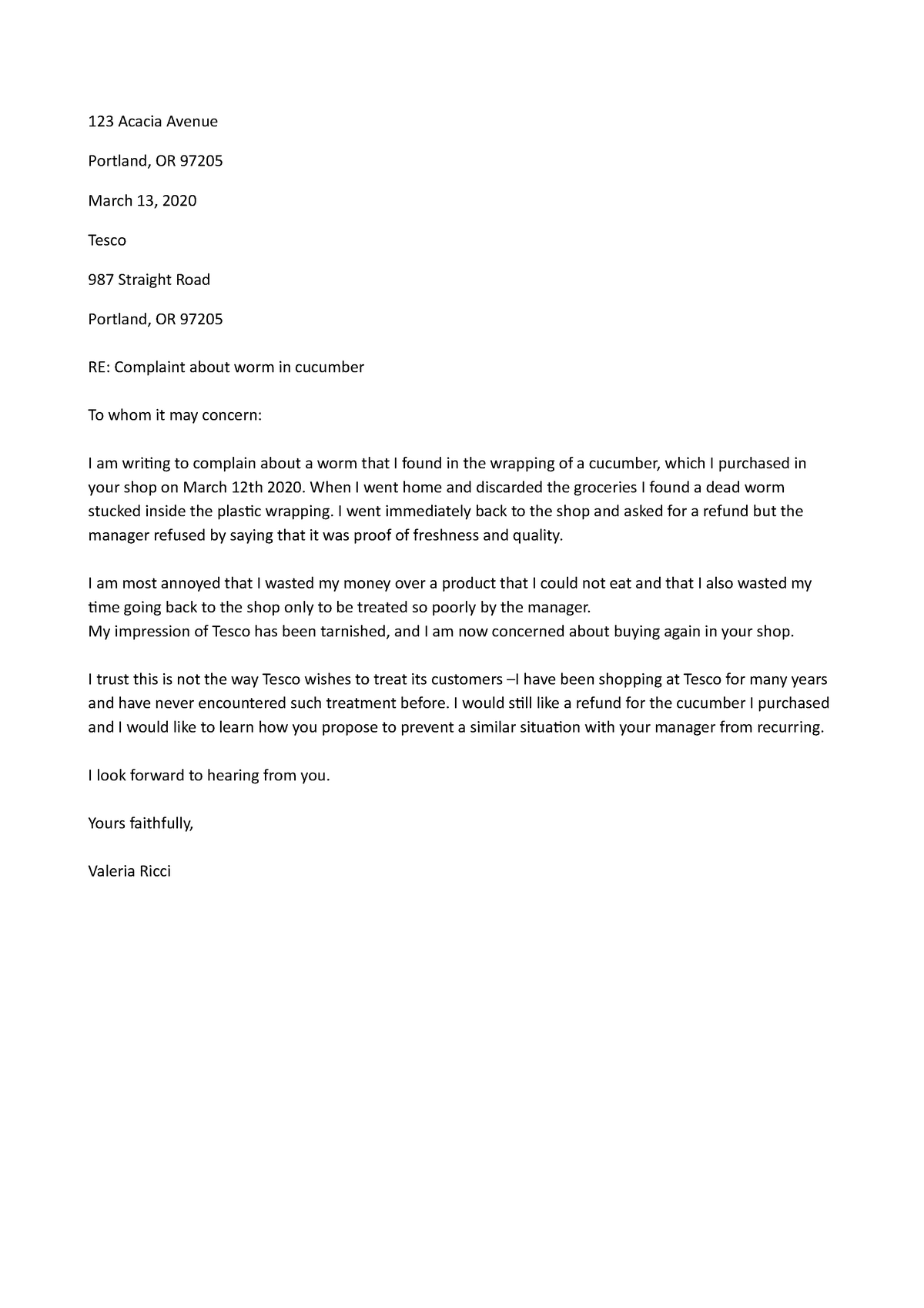 Sample of complaint letter for homework - 123 Acacia Avenue Portland ...