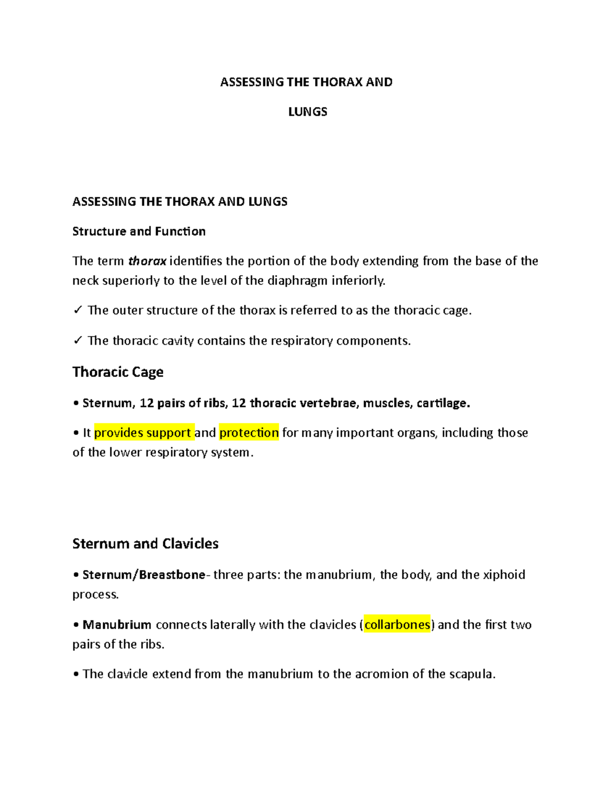 Final Assessing THE Thorax - ASSESSING THE THORAX AND LUNGS ASSESSING ...