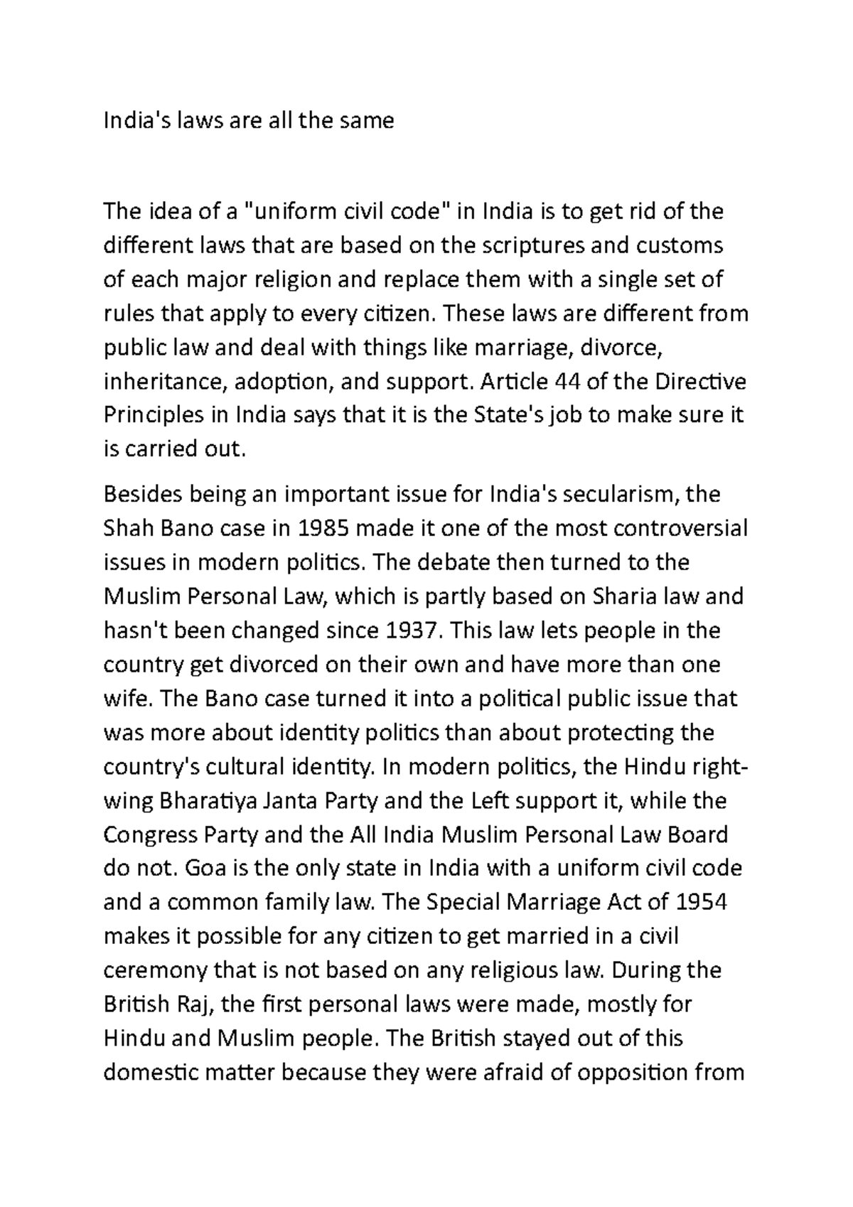 Constitution Assignment India s Laws Are All The Same The Idea Of A