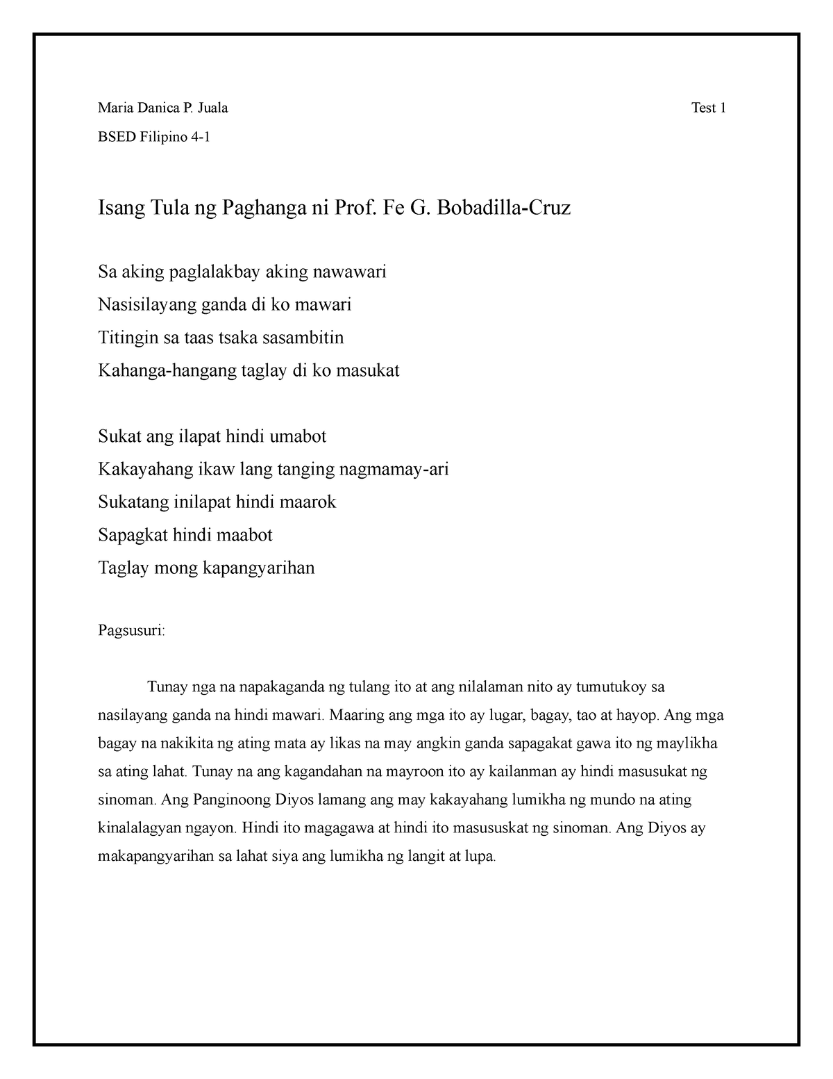 Juala Isang Tula ng Paghanga TEST 1 - Maria Danica P. Juala Test 1 BSED ...