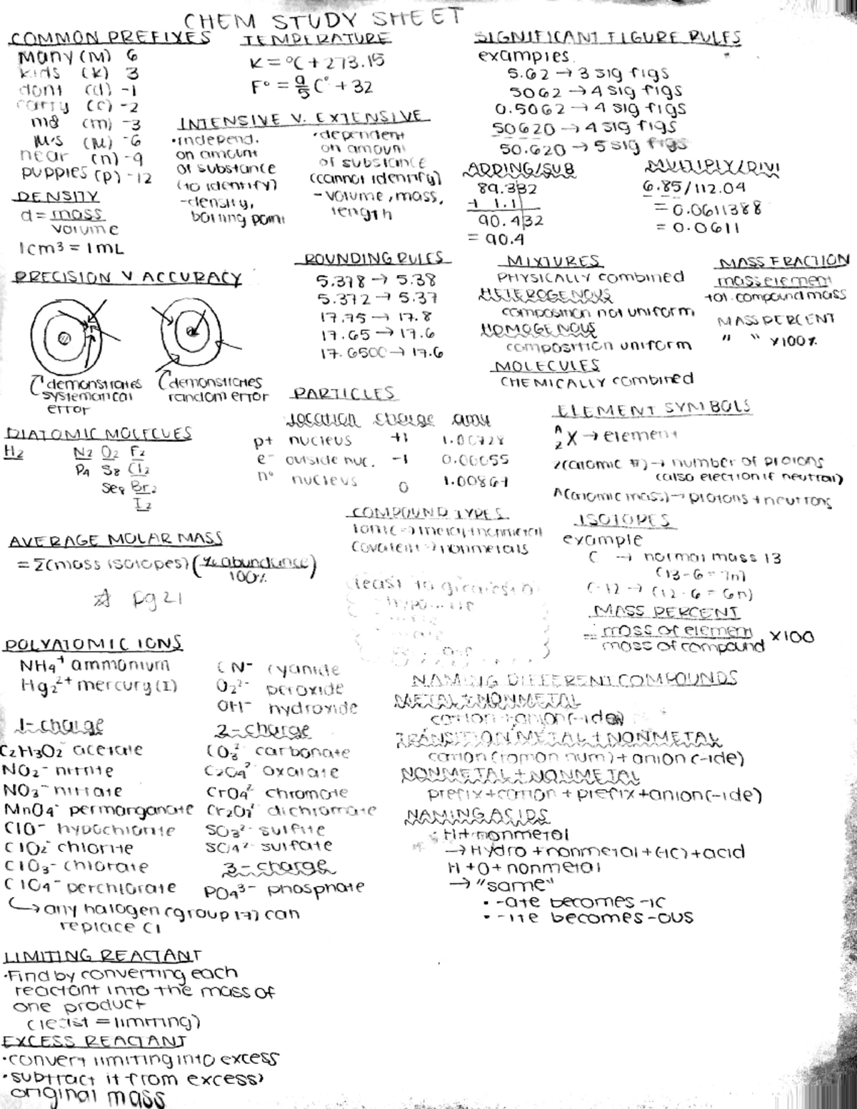 Chemistry Exam 1 - Study Guide For Test 1 - CHEM STUDY SHE ET COMMON ...