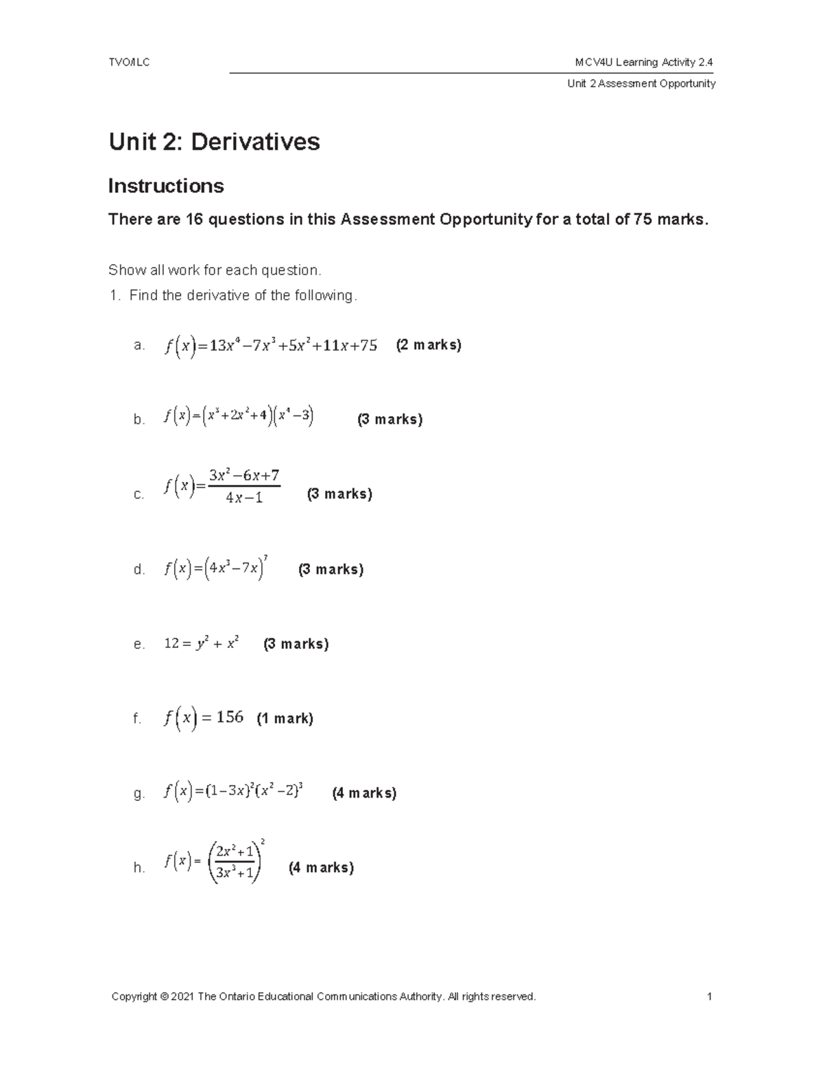 MCV4U 02 - Unit 2 Assessment Opportunity Unit 2: Derivatives ...
