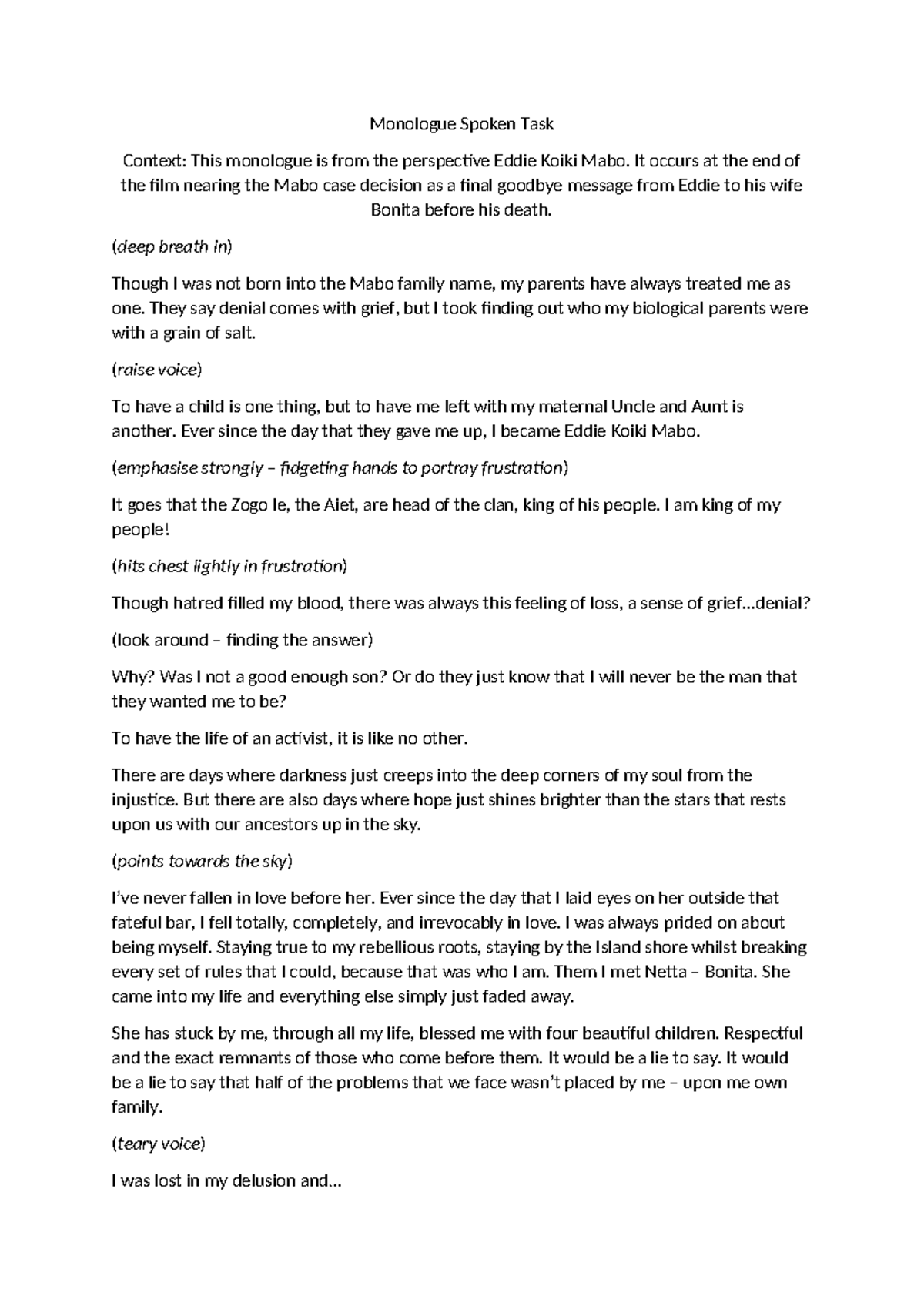 Mabo - MABO Monologue Script - Monologue Spoken Task Context: This ...
