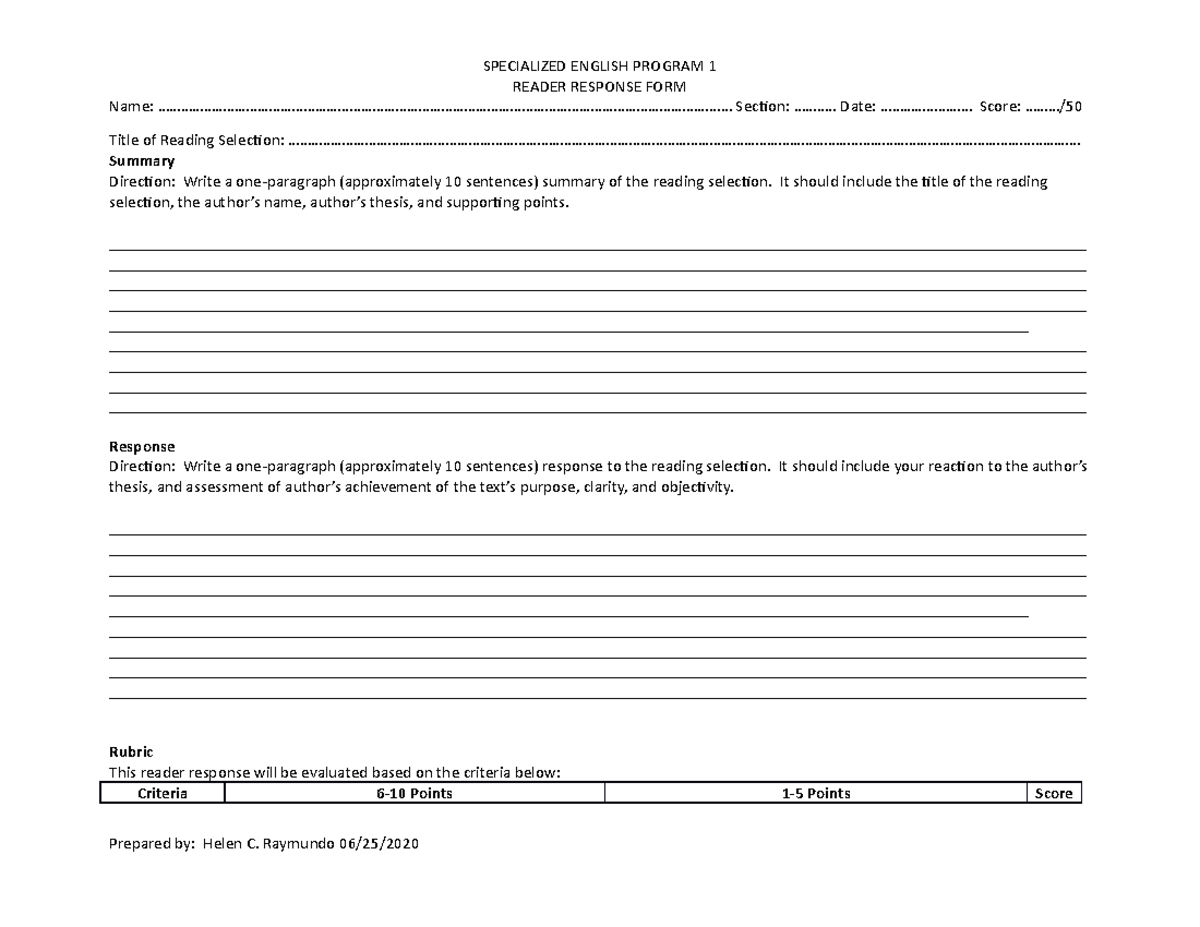 Reader Response Form with Rubric D3 - SPECIALIZED ENGLISH PROGRAM 1 ...