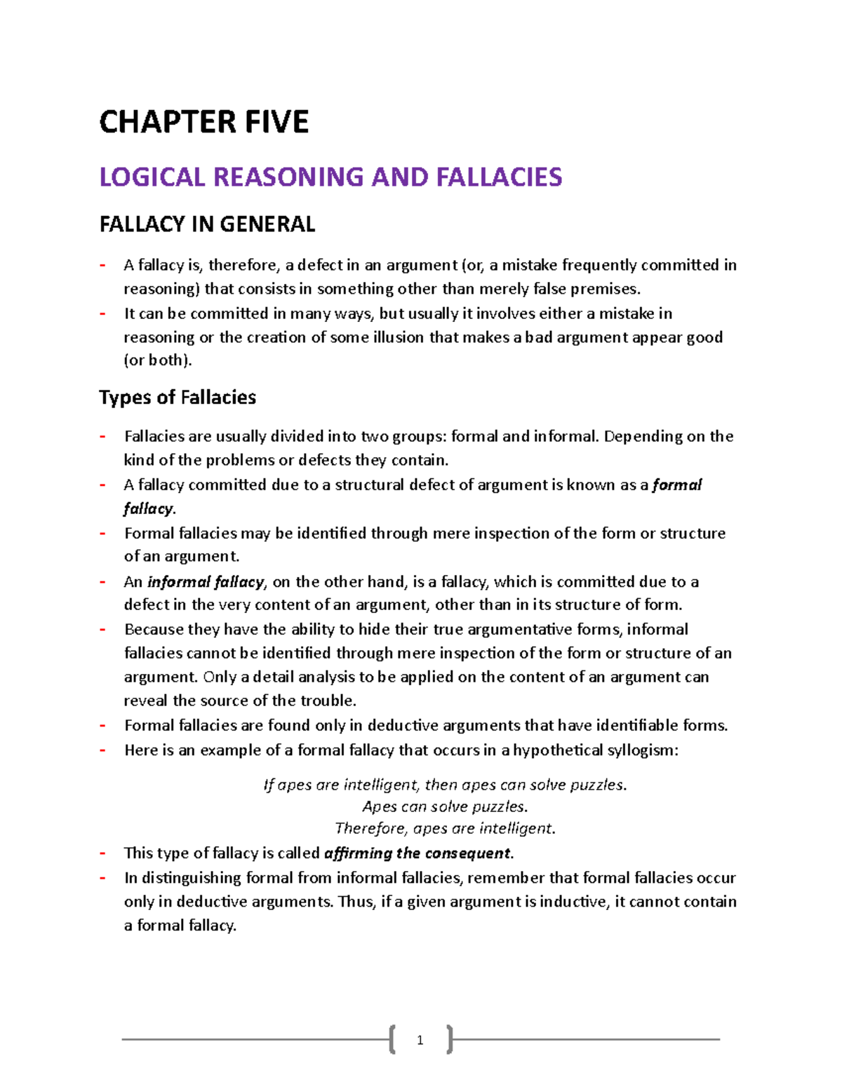 Logic CH5 SSN CHAPTER FIVE LOGICAL REASONING AND FALLACIES FALLACY IN