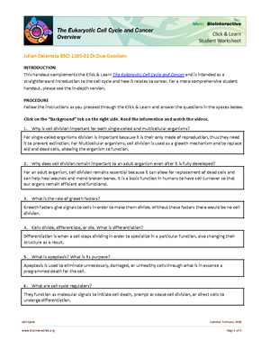 HHMI Cell Cycle and Cancer Overview Worksheet - Julian Delamaza BSCI  1105-01 Dr-Goodwin INTRODUCTION - Studocu