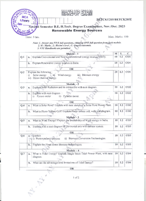 VTU Question Paper of BETCK205E/105E - Renewable Energy Sourcess - Studocu