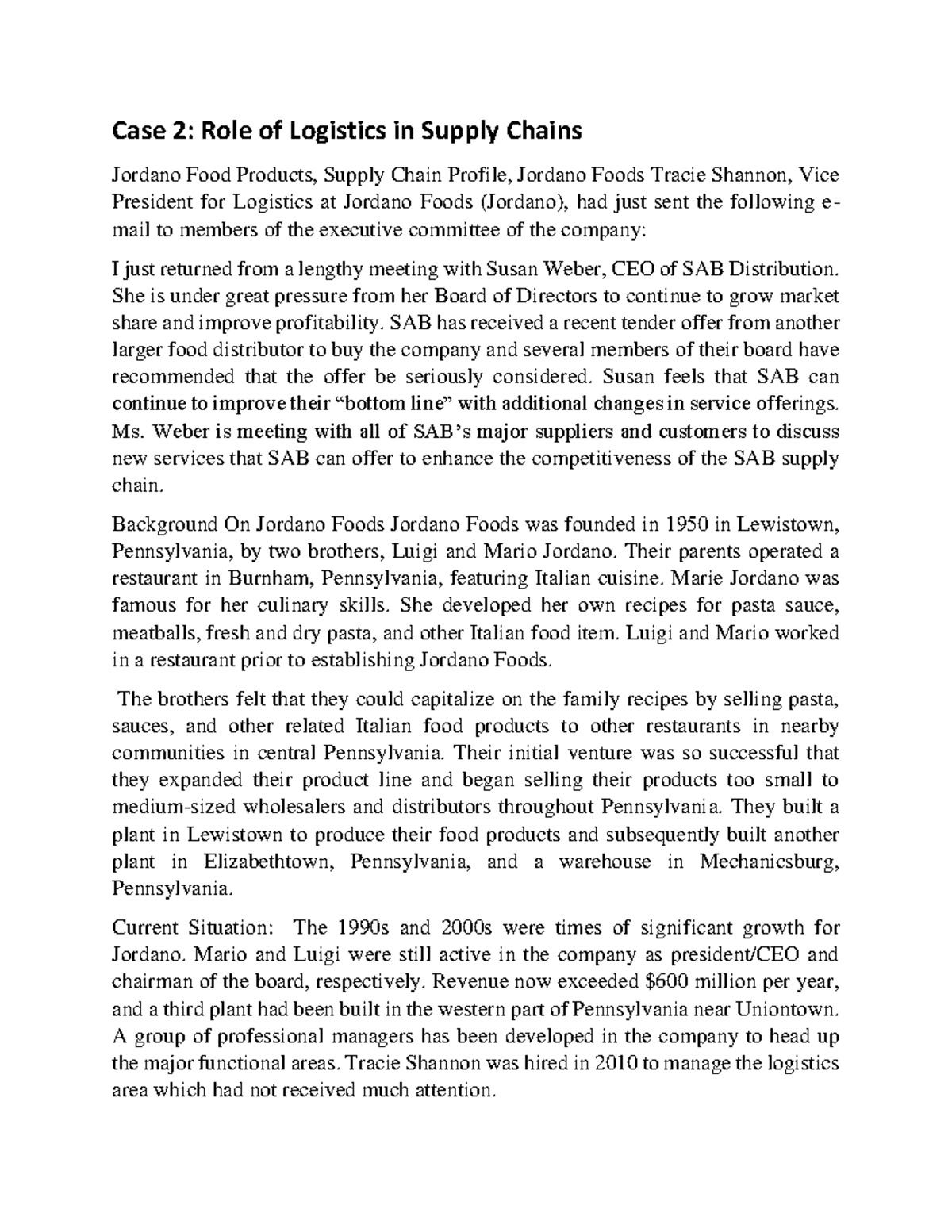 Case 2 Chapter Role Of Logistics In Sc Case 2 Role Of Logistics In