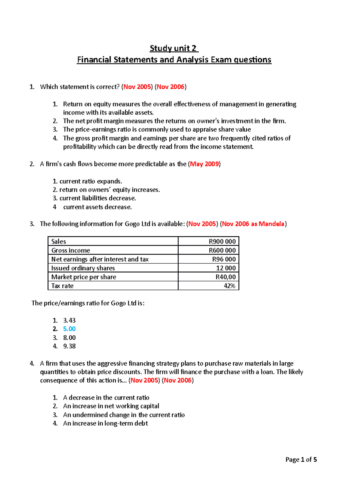 FIN2601 Study Unit 2 Exam Questions Study unit 2 Financial Statements
