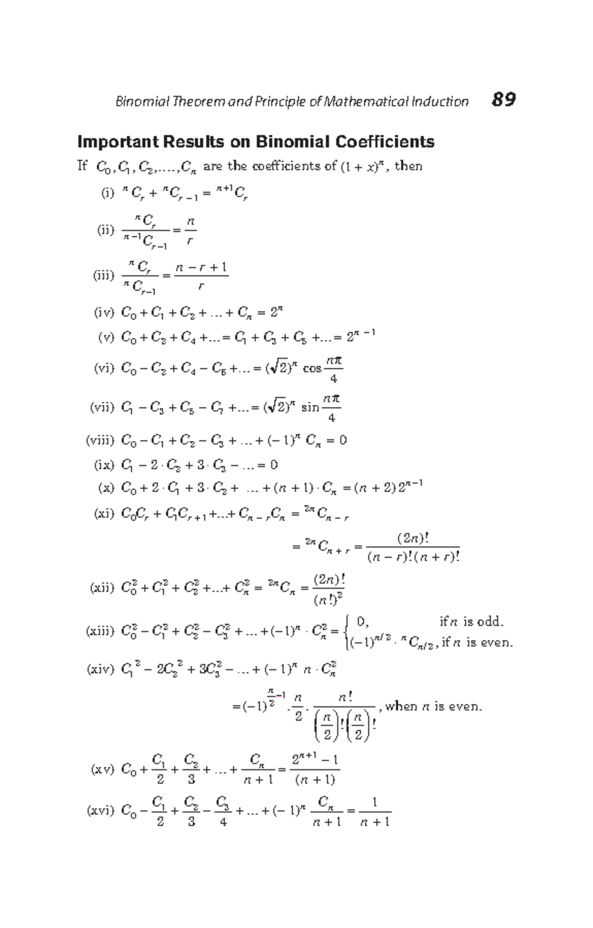 Mathematics notes-13 - Important Results on Binomial Coefficients If C ...