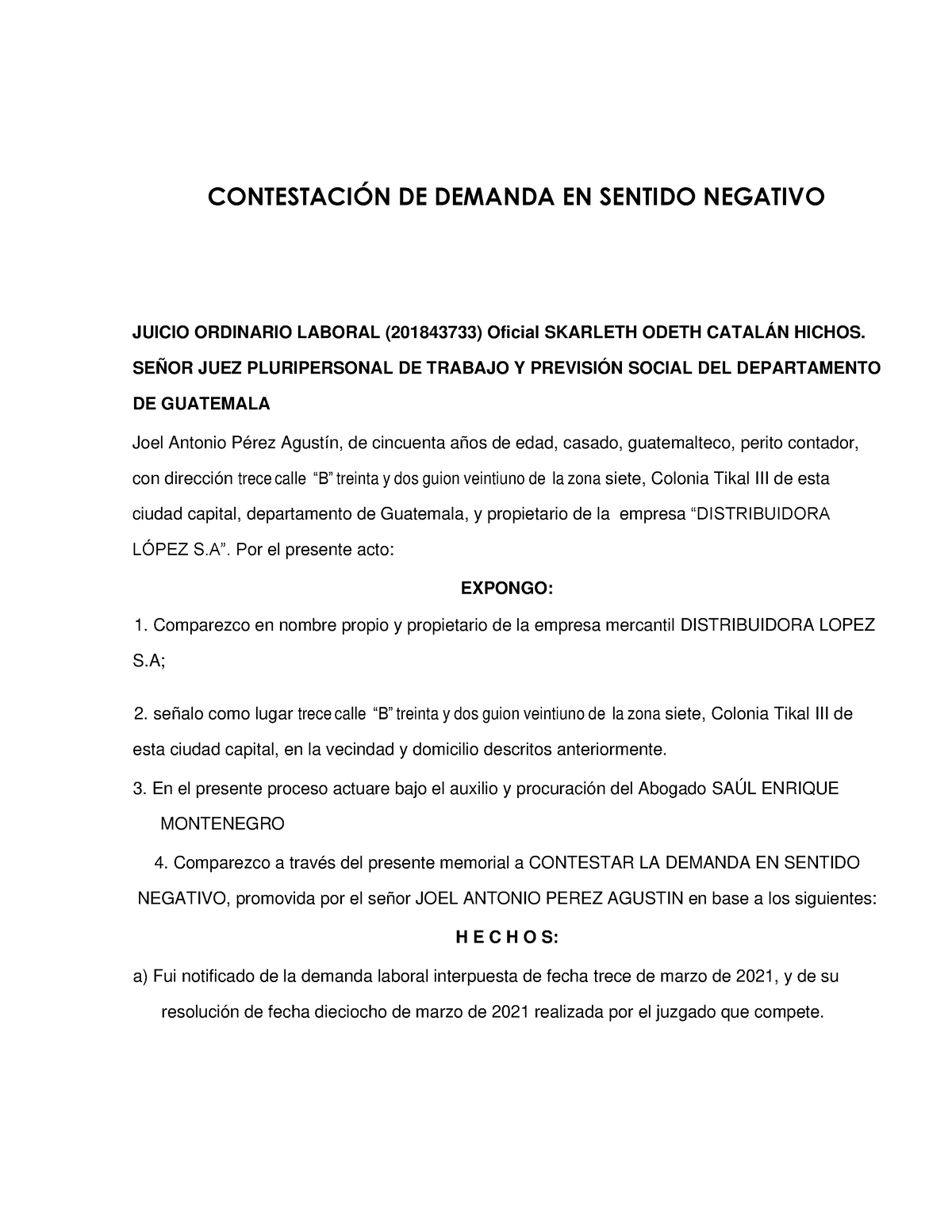 Contestación DE LA Demanda EN Sentido Negativo-convertido - CONTESTACI ...