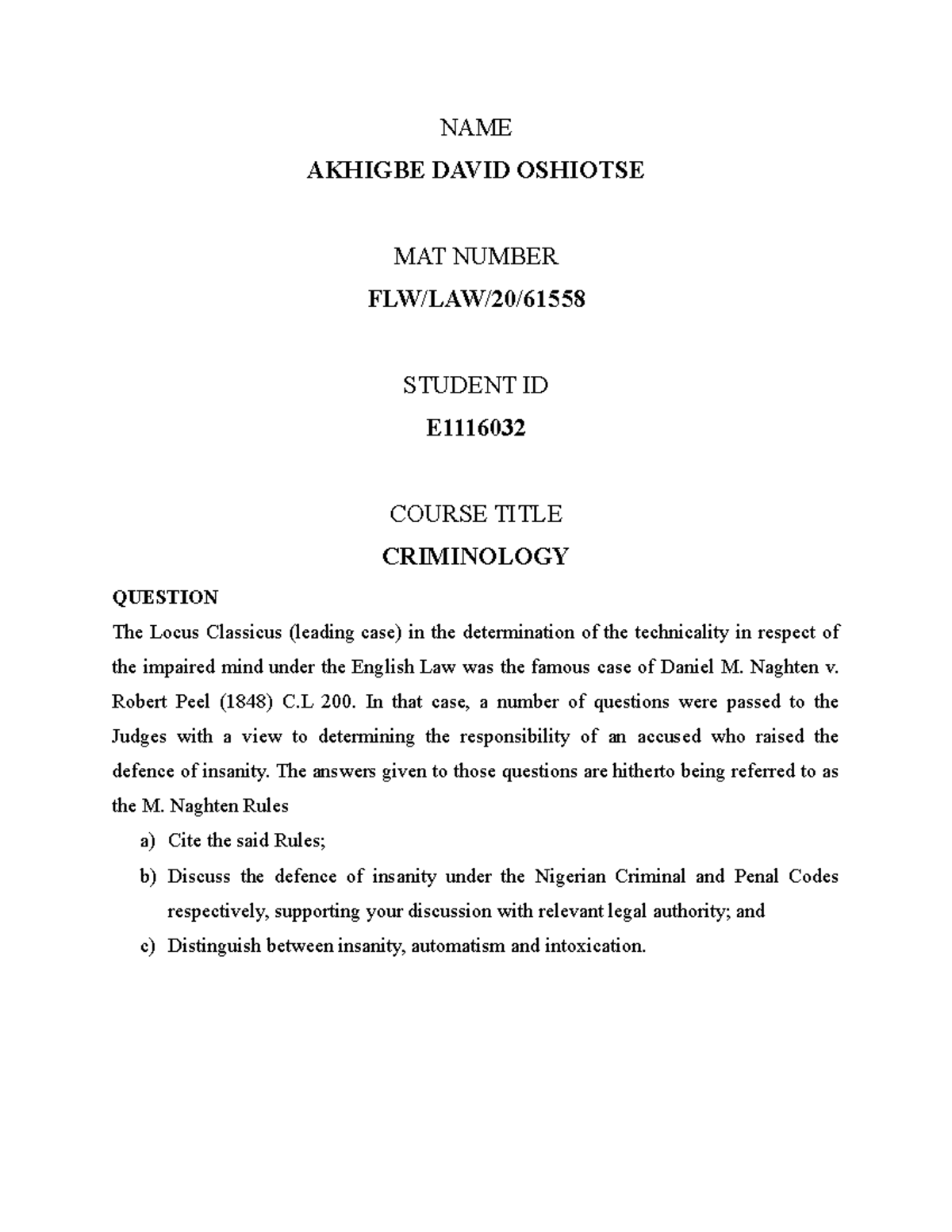 Assignment - revised note - NAME AKHIGBE DAVID OSHIOTSE MAT NUMBER FLW ...