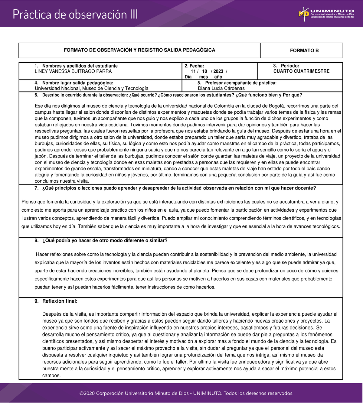 Formato B Practicas - FORMATO DE OBSERVACIÓN Y REGISTRO SALIDA ...