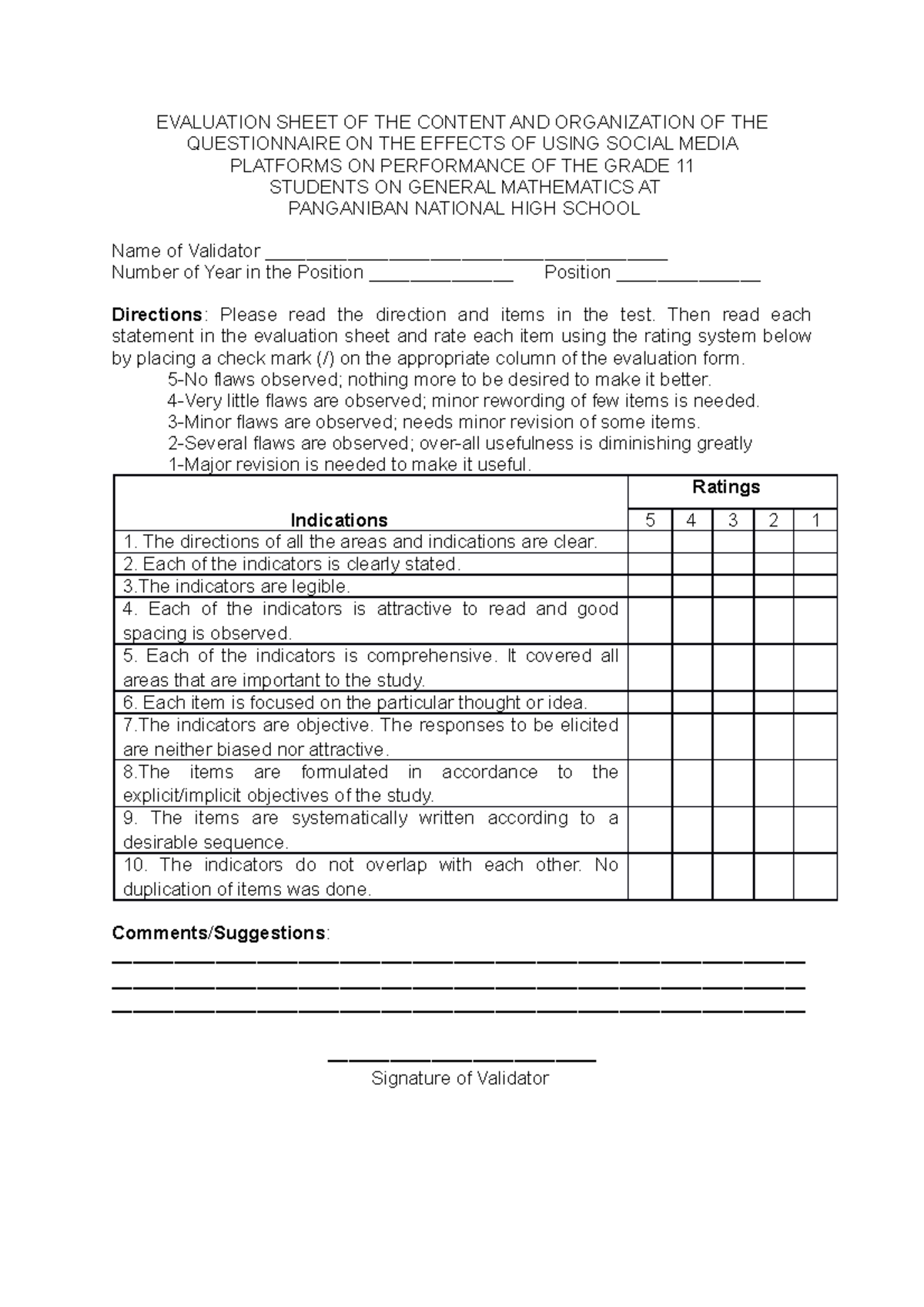 Evaluation Sheet OF THE Content AND Organization OF THE Questionnaire ...