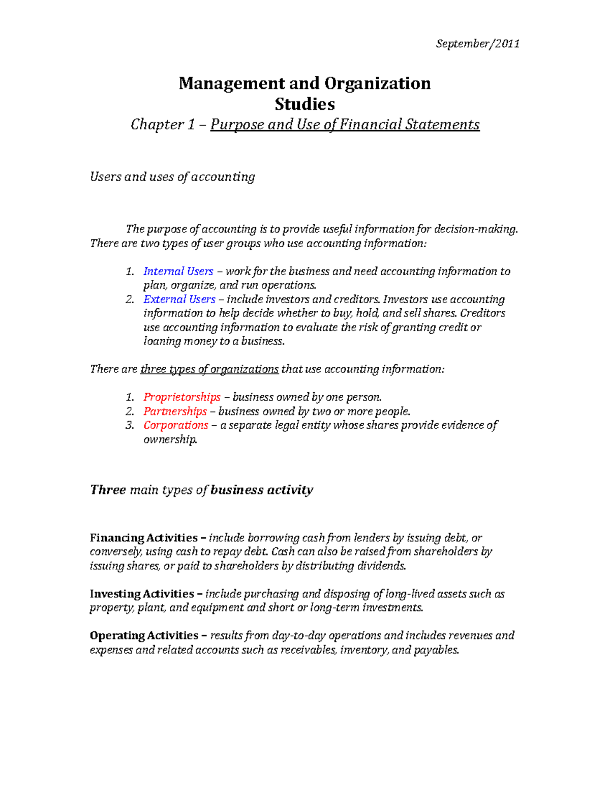 Accounting Chapter 1 Notes - September/ Management and Organization ...