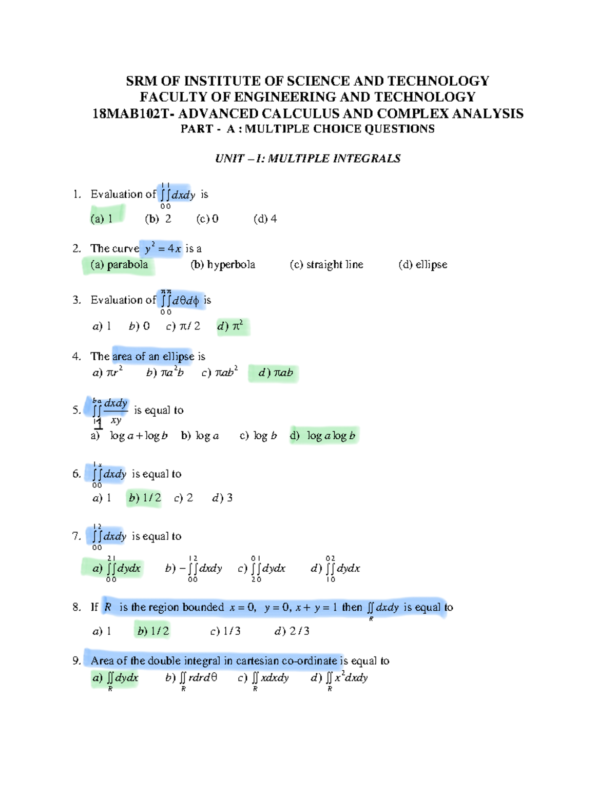 Multiple Choice Questions - SRM OF INSTITUTE OF SCIENCE AND TECHNOLOGY ...