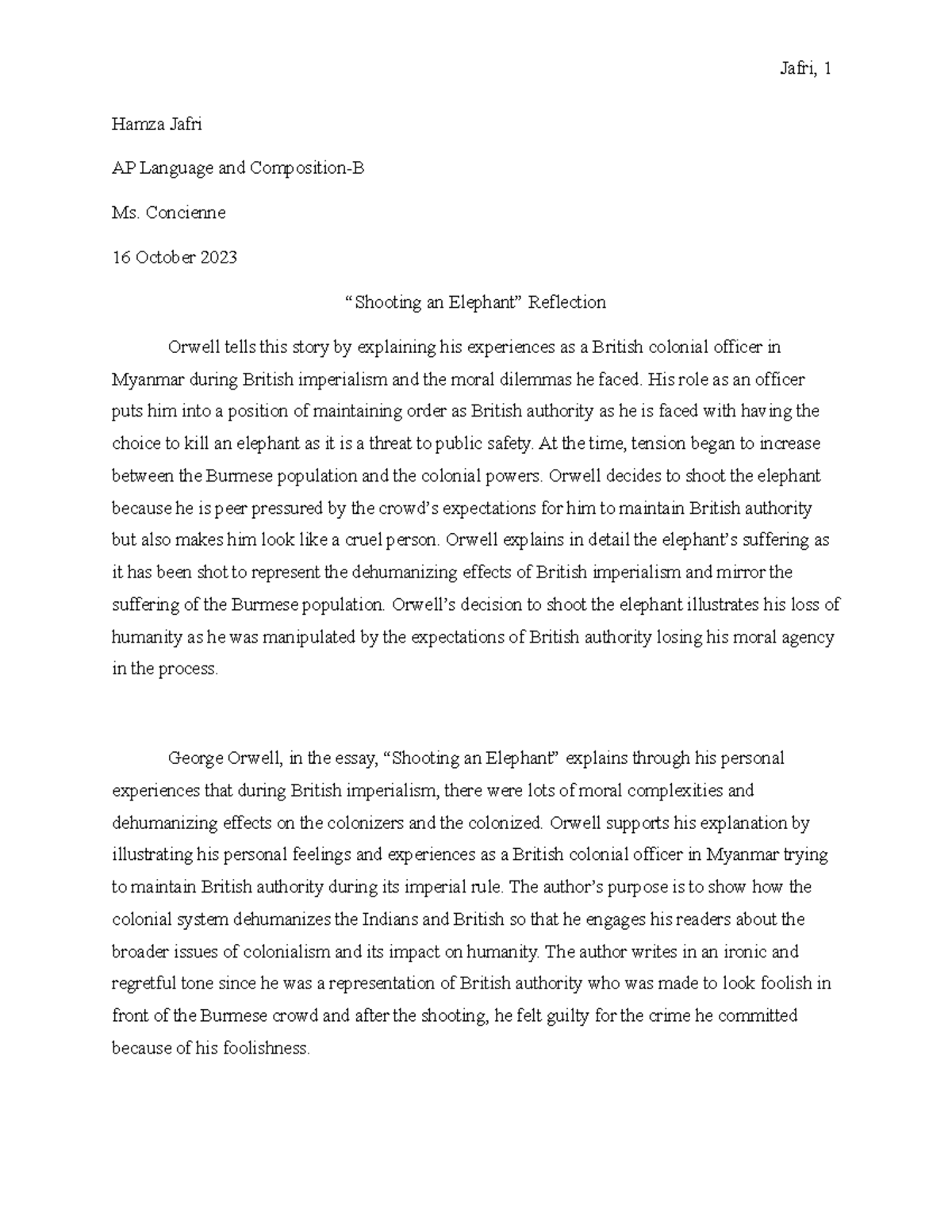 Shooting an Elephant Reflection Jafri, 1 Hamza Jafri AP Language and