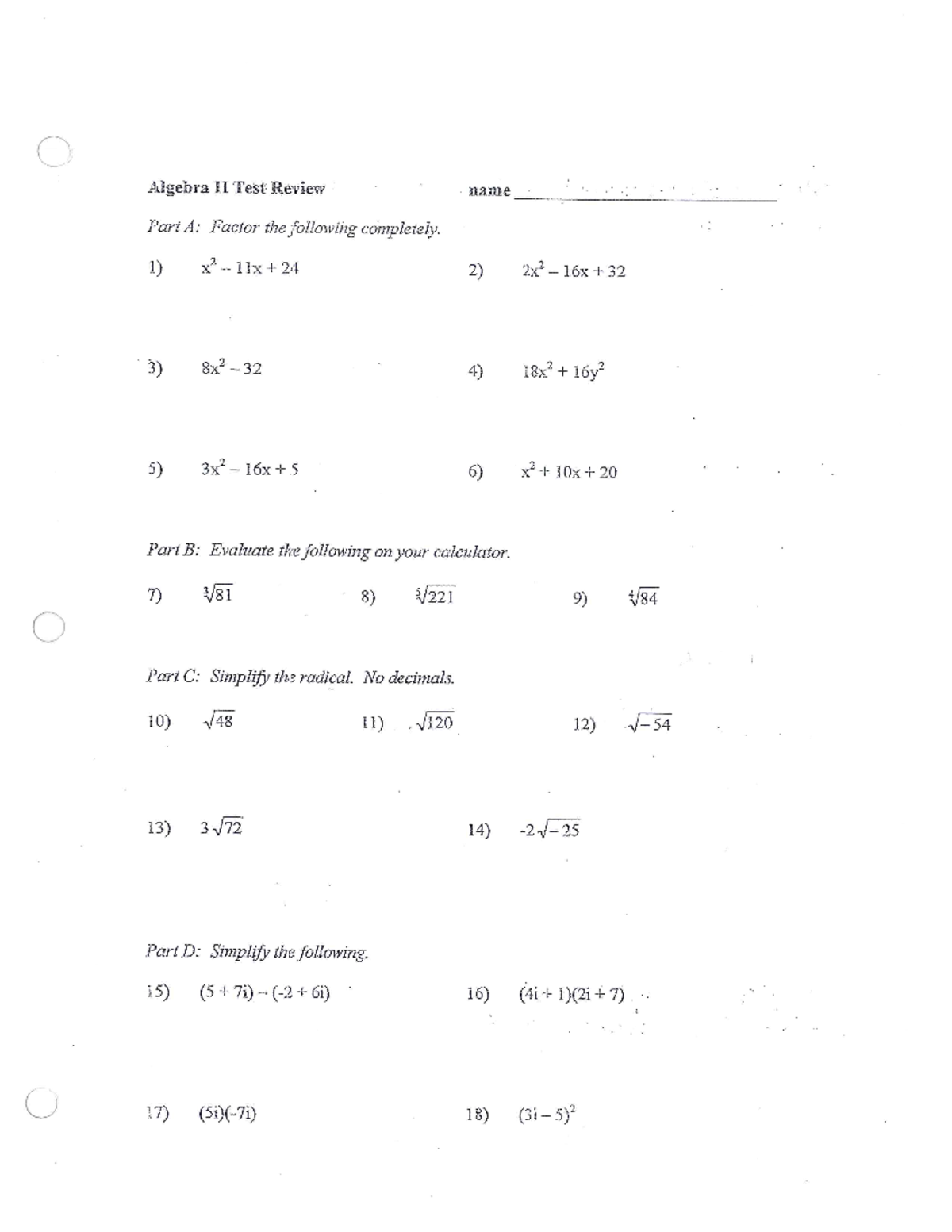 Study guide and key - Yes - Algebra II Test Review name Part A: Factor ...