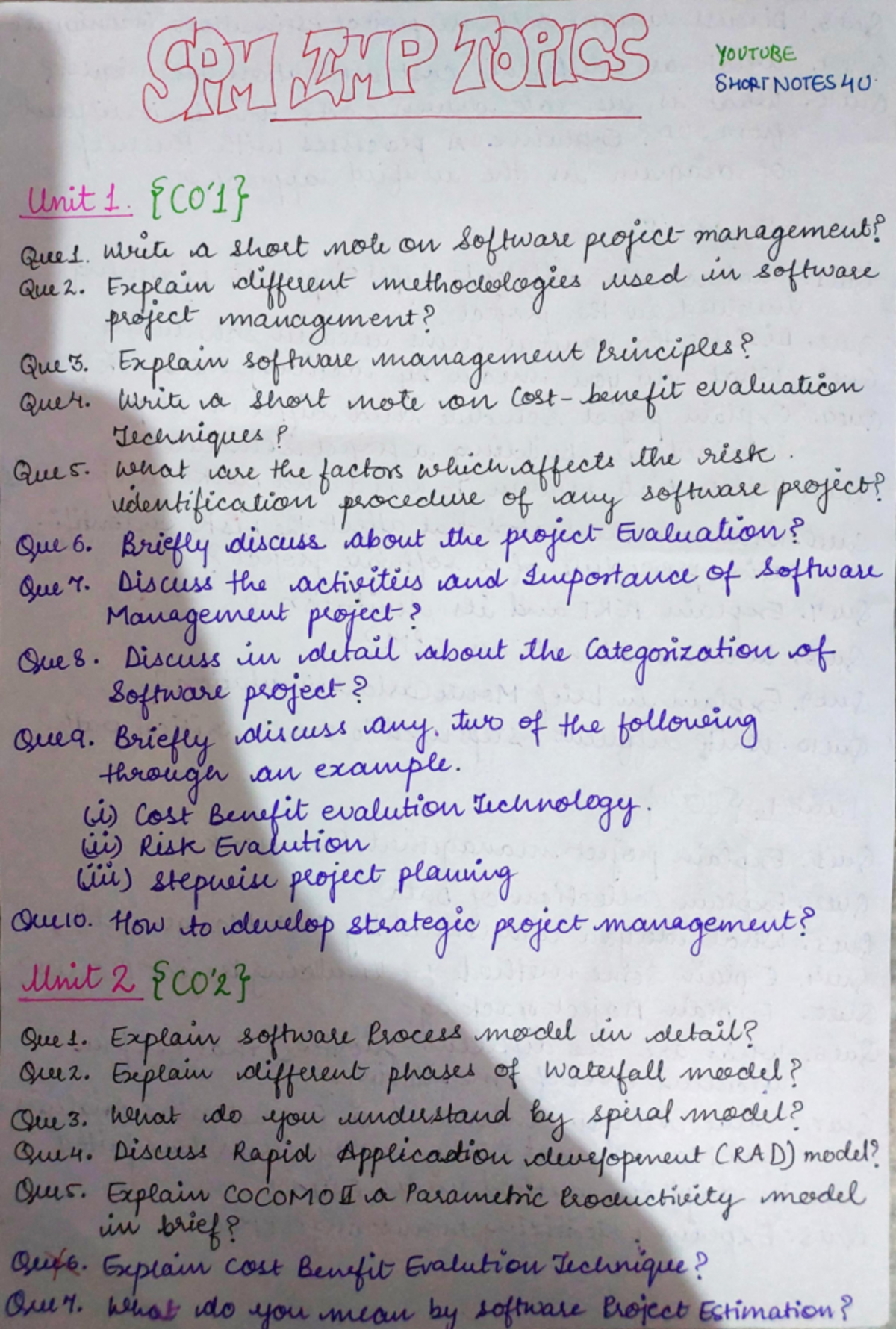 Imp topics- SPM - Summary B.tech - Studocu