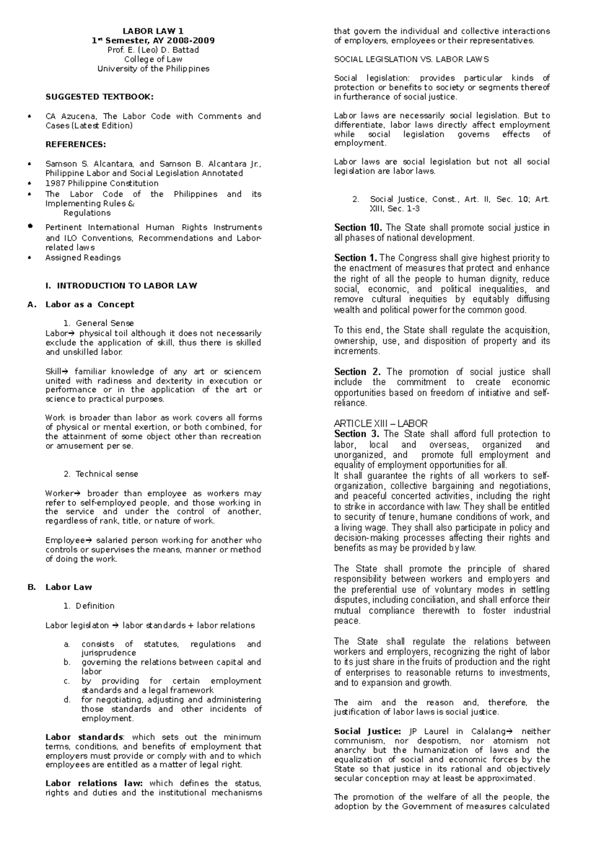 Labor LAW 1 - Lecture notes 54 - LABOR LAW 1 1 st Semester, AY 2008 ...