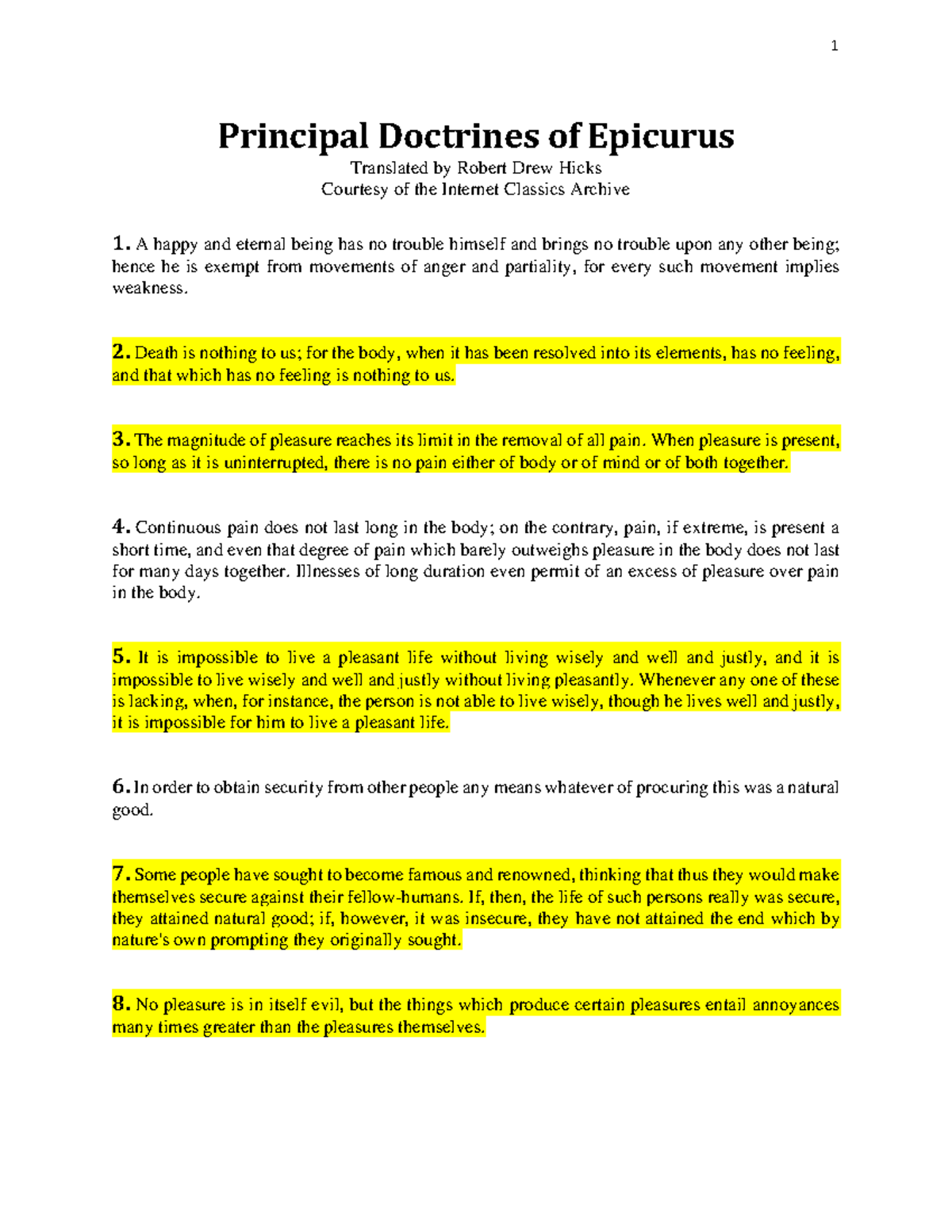 Reading 2.2- Epicurus, Principal Doctrines - Principal Doctrines of ...