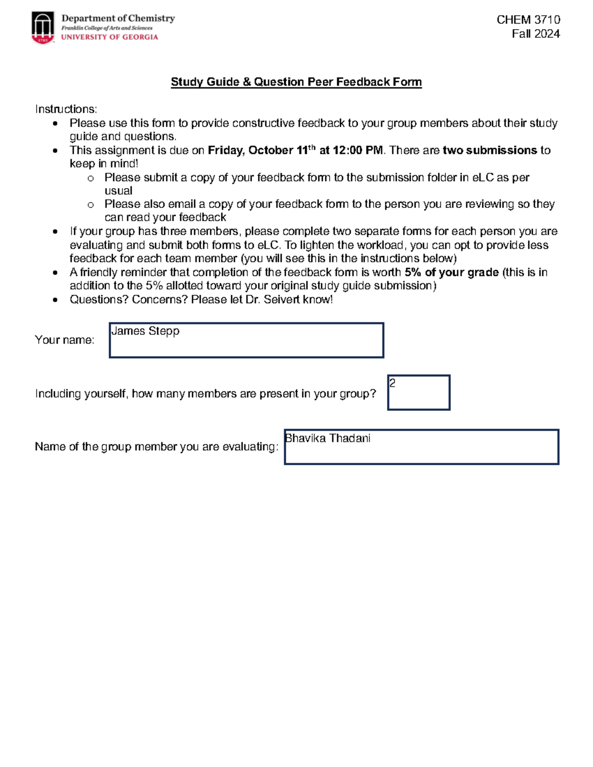 Study Guide & Question Peer Feedback Form CHEM 3710 Fall 2024 Study Guide & Question Peer