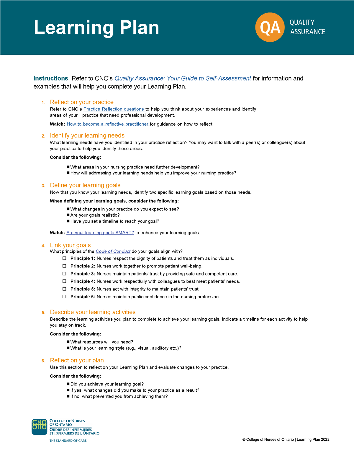 Qa Learning Plan Fillable En 1 Learning Plan Instructions Refer To Cnos Quality Assurance