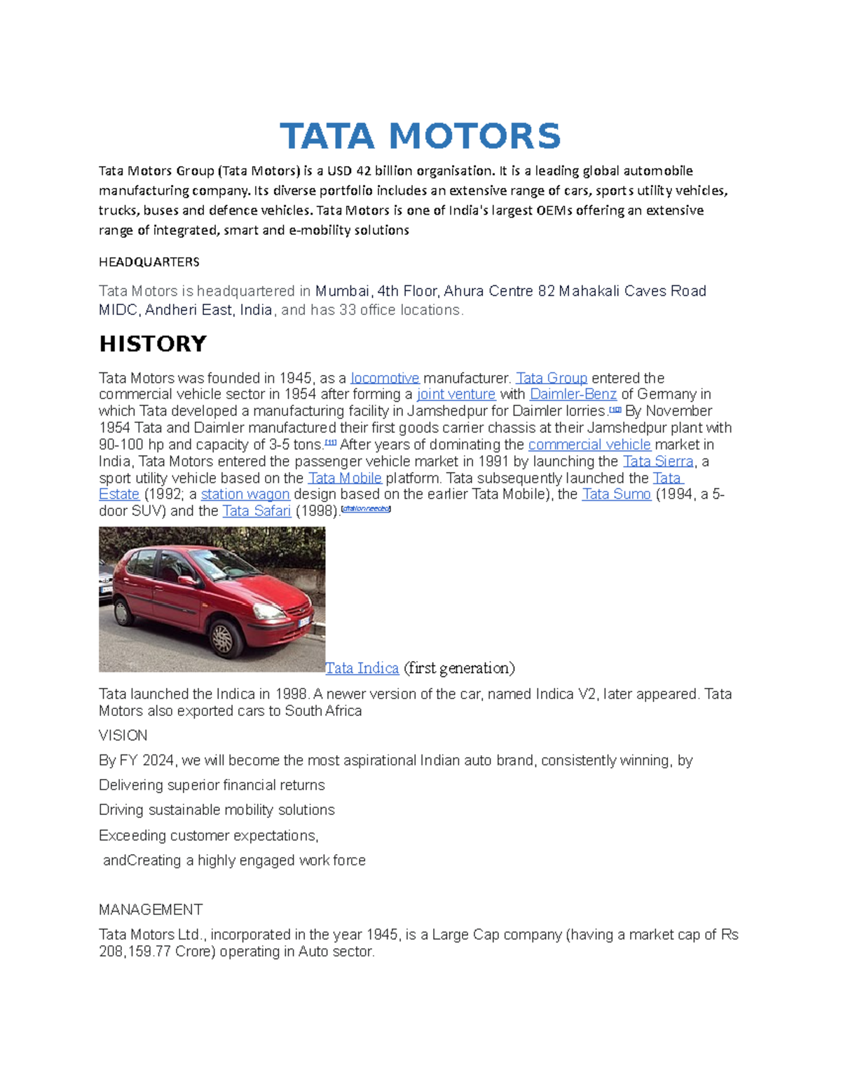 TATA Motors - TATA MOTORS Tata Motors Group (Tata Motors) is a USD 42 ...