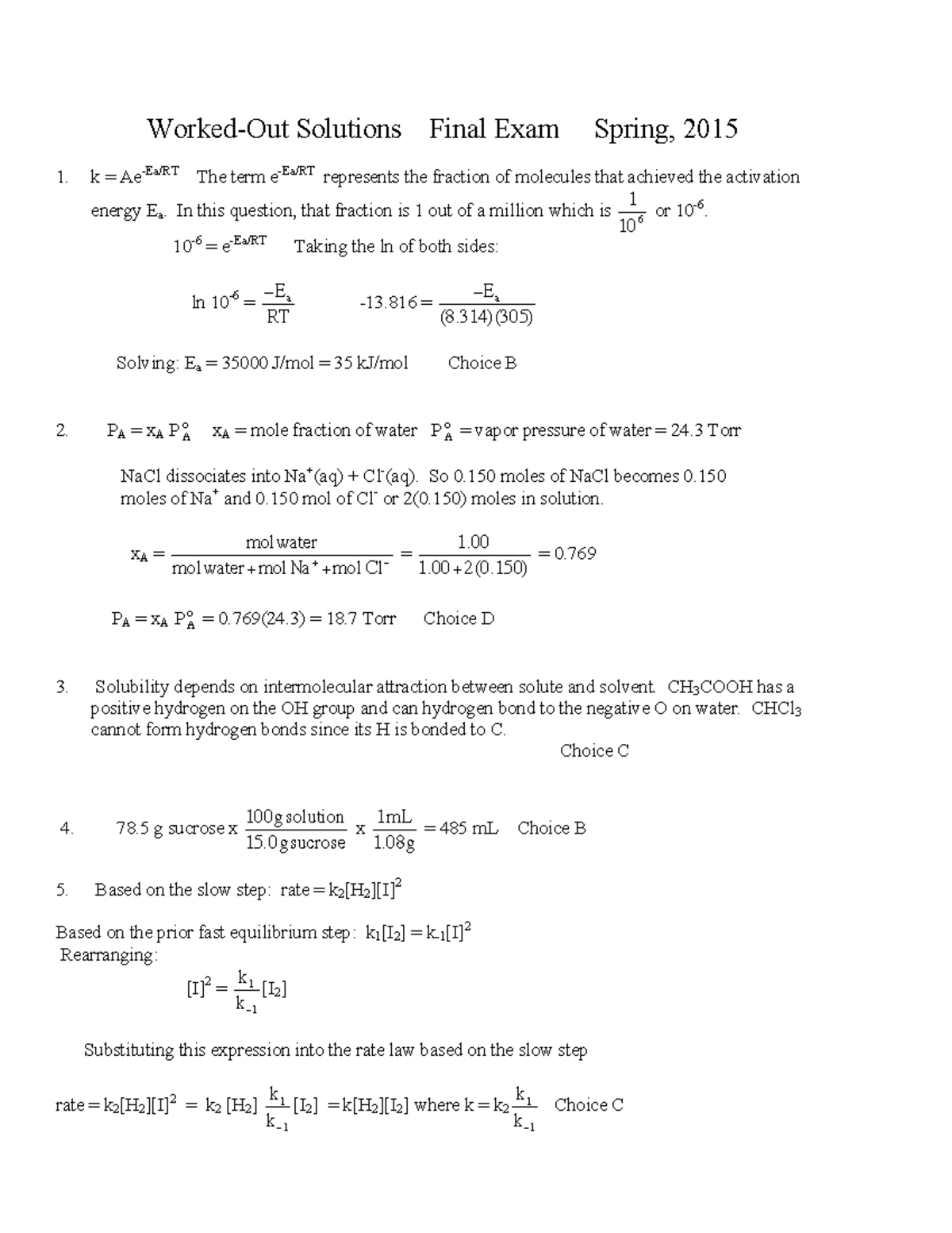 Final Exam Solutions (2015 ) - Worked-Out Solutions Final Exam Spring ...