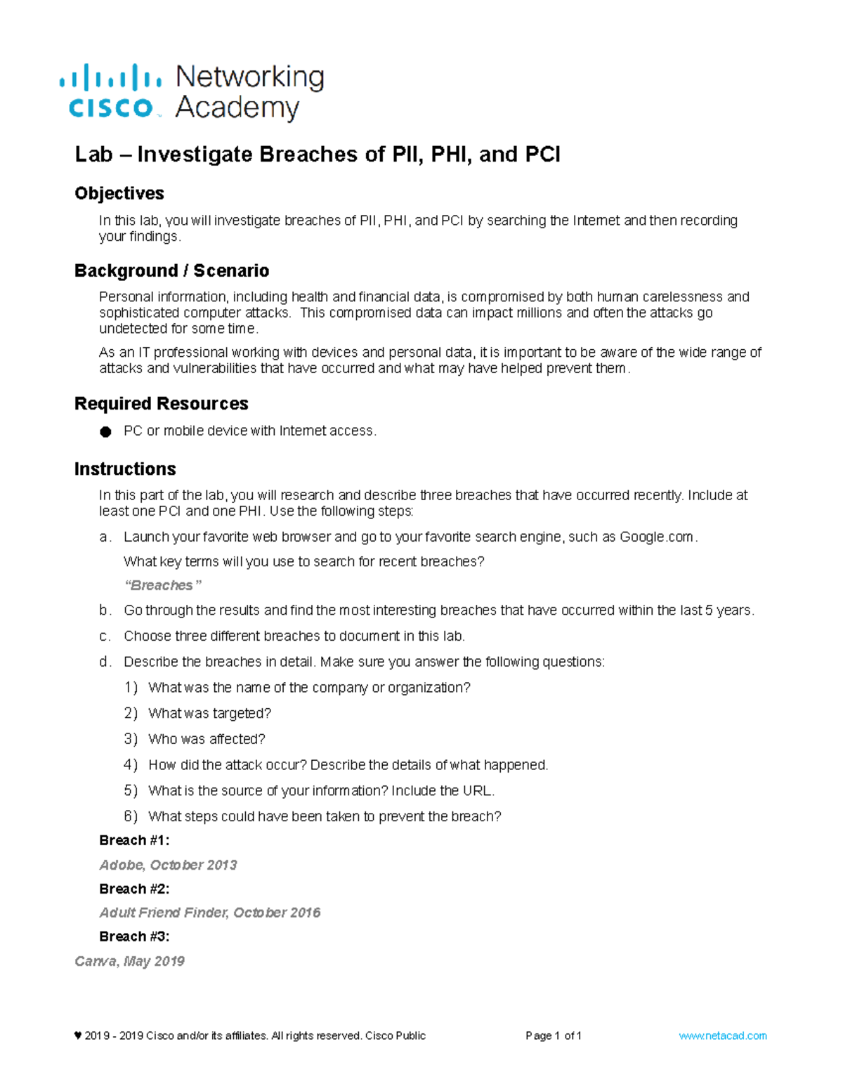 14.3.1.5 Lab Investigate Breaches of PII PHI PCI Lab Investigate