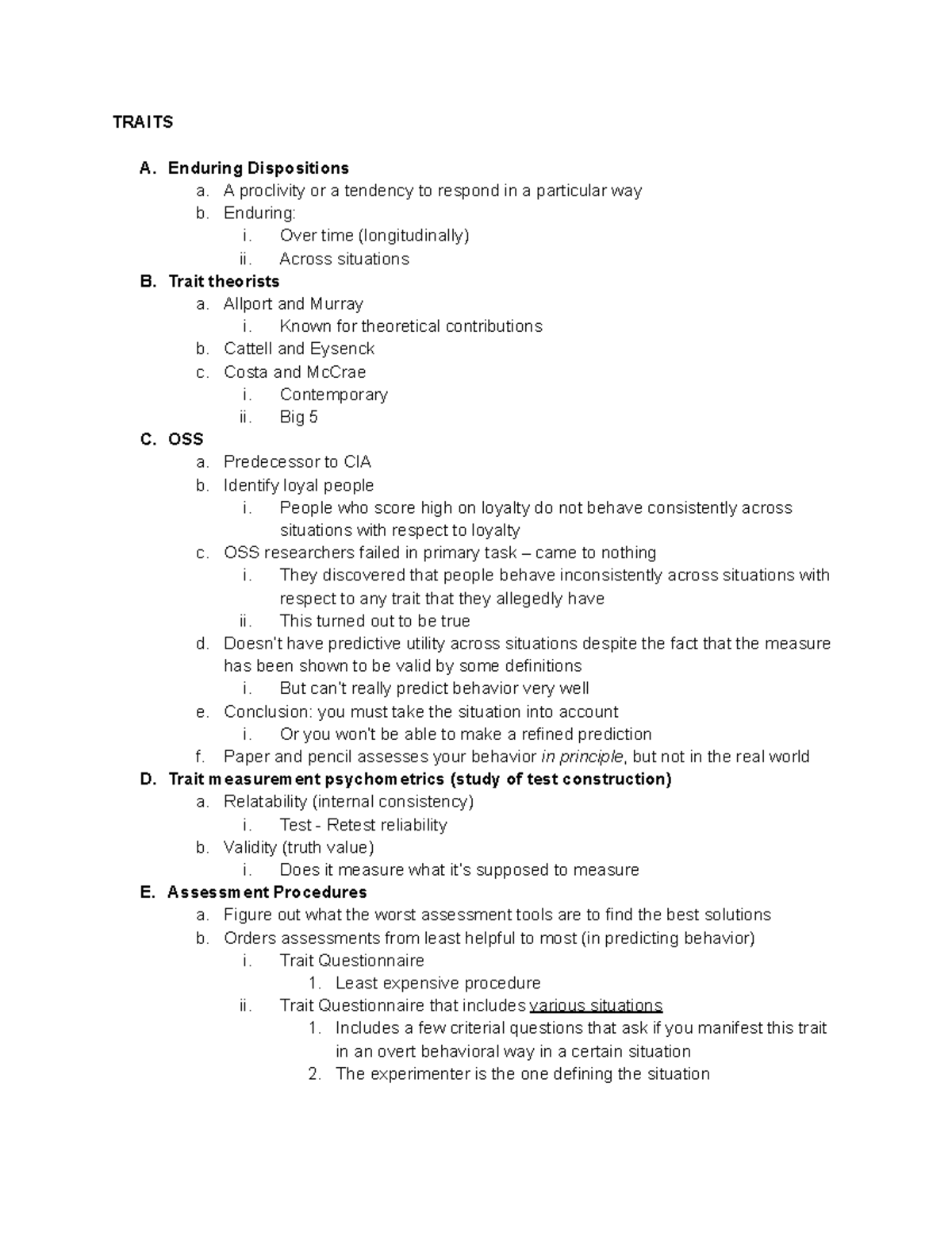 Traits Lecture Notes - TRAITS A. Enduring Dispositions a. A proclivity ...
