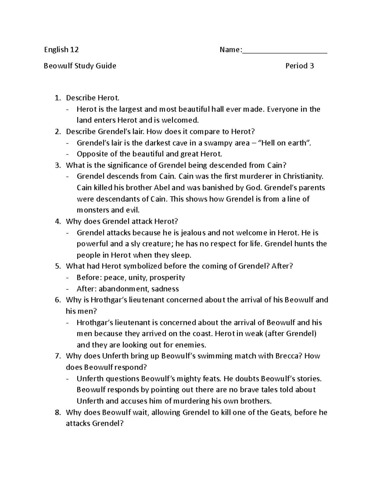 Beowulf Study Guide - English 12 Name:____________________ Beowulf ...