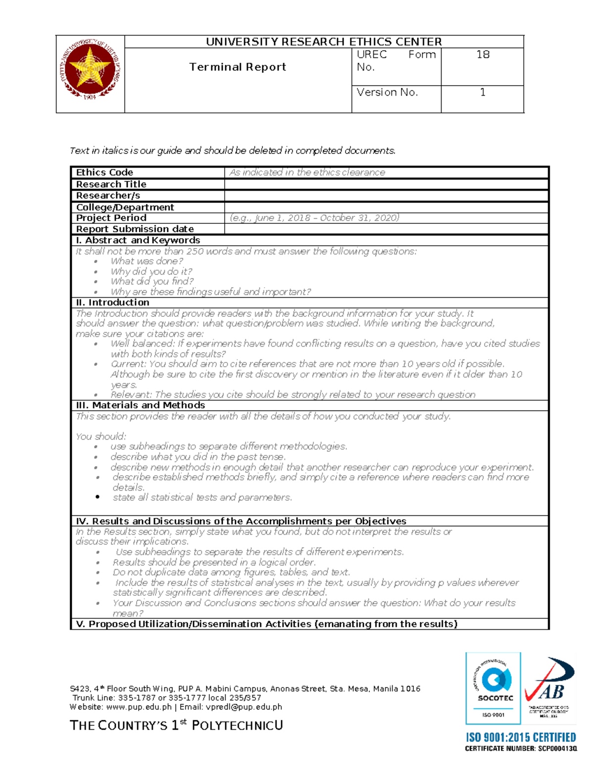 UREC Form 18 Terminal Report Template - UNIVERSITY RESEARCH ETHICS ...