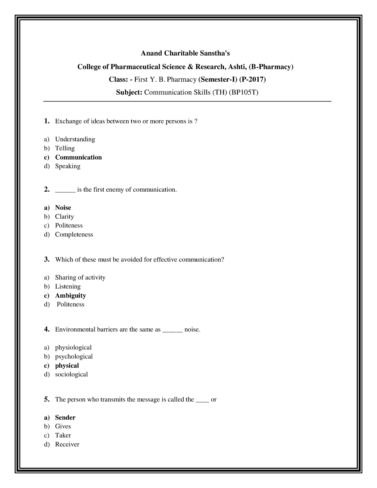 Multiple Choice Questions Of Communication Skills Anand Charitable 