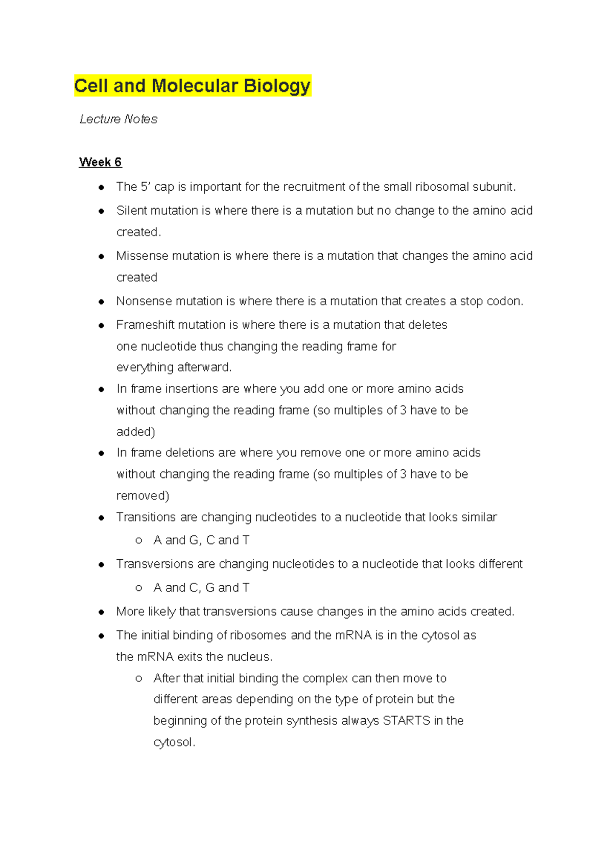 Cell and Molecular Biology - Notes 2 - Cell and Molecular Biology ...