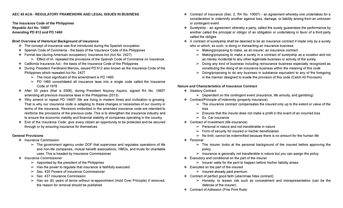 AEC 45 Video Handout - AEC 45 ACA - REGULATORY FRAMEWORK AND LEGAL ...