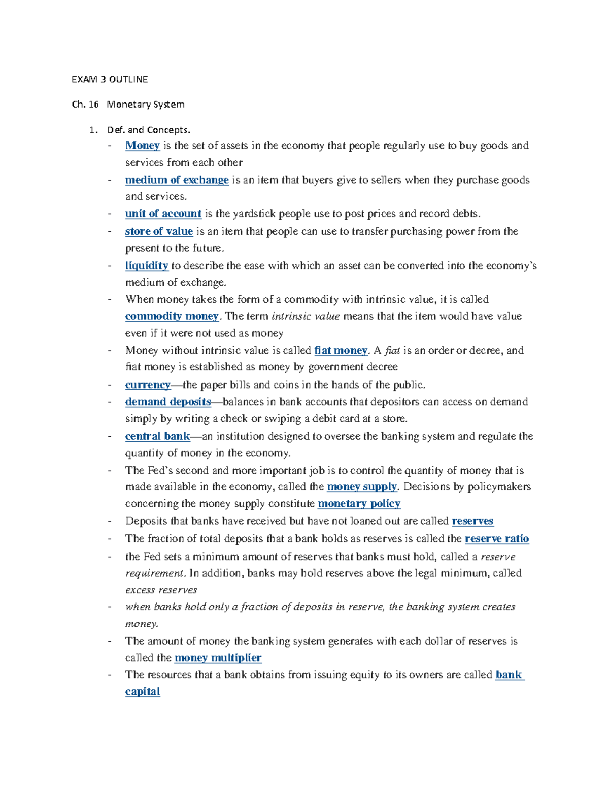 Macro EXAM 3 Outline - EXAM 3 OUTLINE Ch. 16 Monetary System 1. Def ...