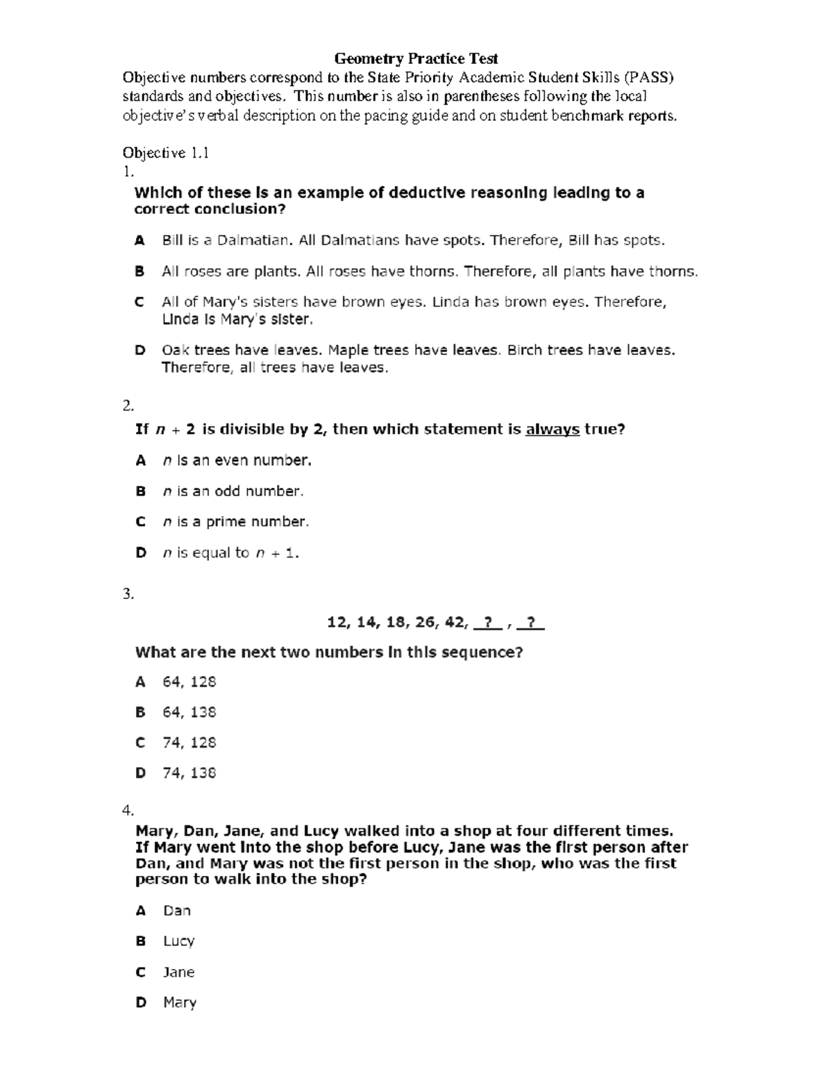 Geometry Practice Test - Geometry Practice Test Objective Numbers ...