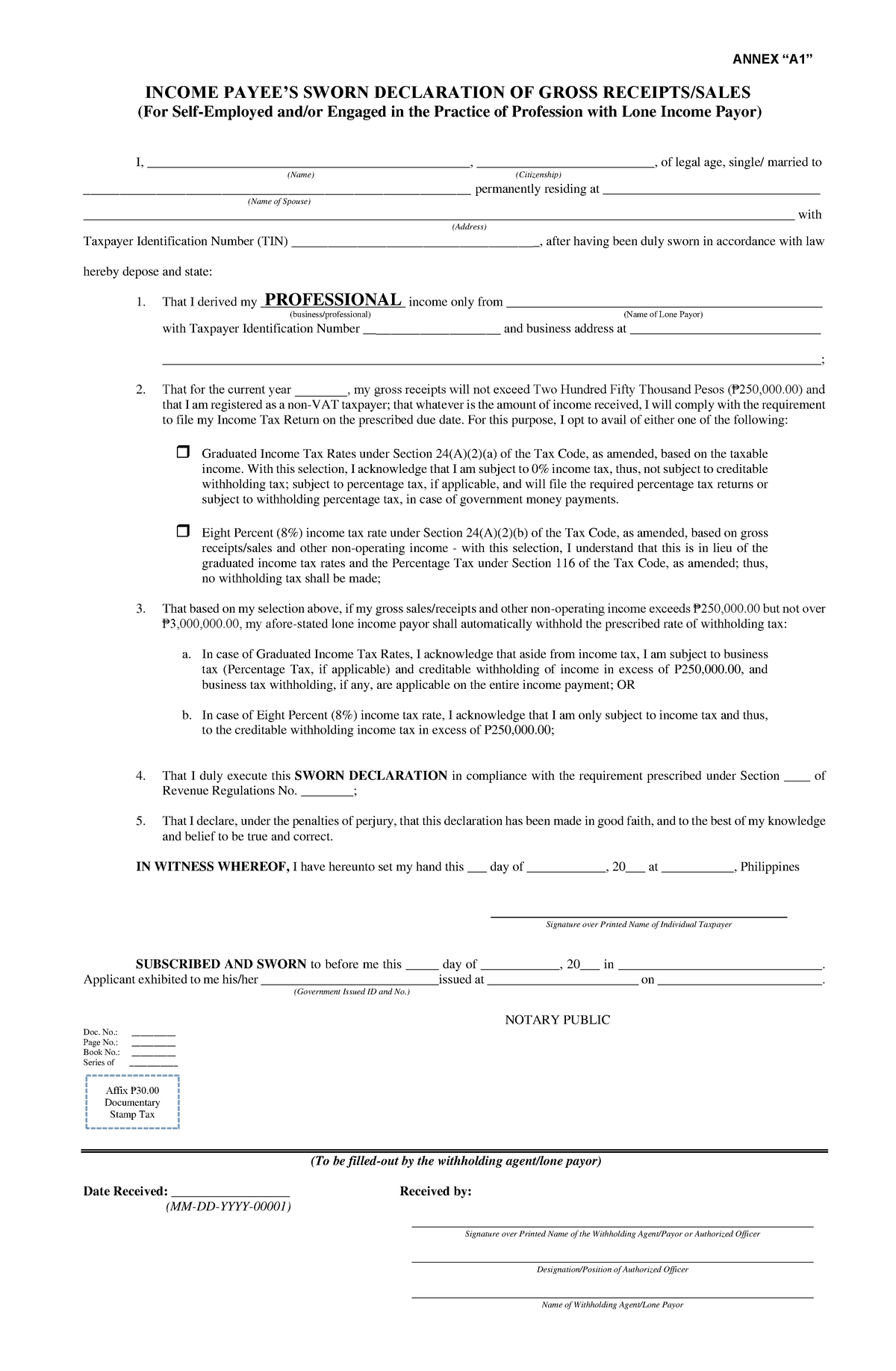 Annex A1 -PGOM - Bir - ANNEX “A1” INCOME PAYEE’S SWORN DECLARATION OF ...