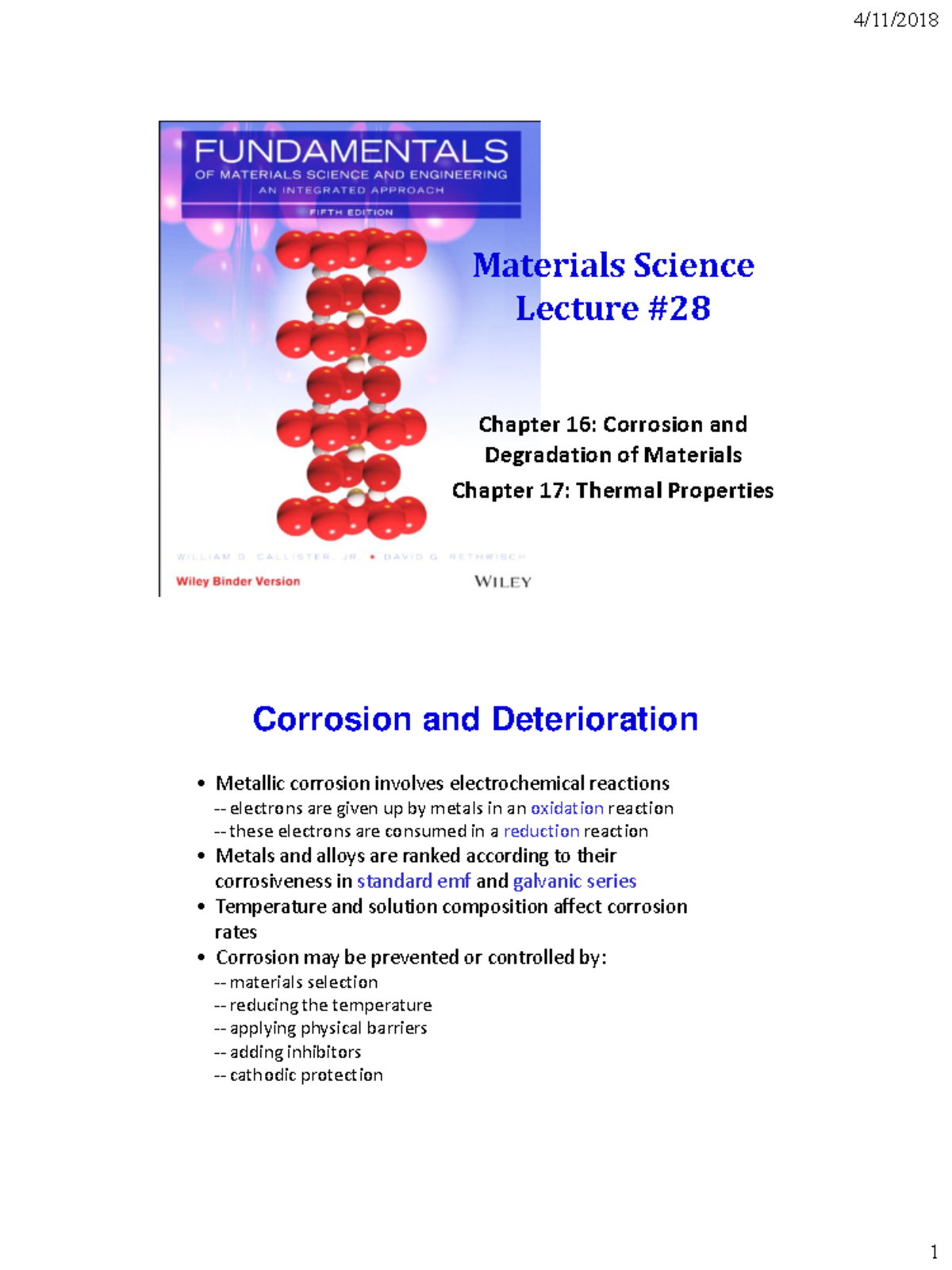 Spring 2018 Materials Science Lecture 28 Chapter 17 MAC Materials