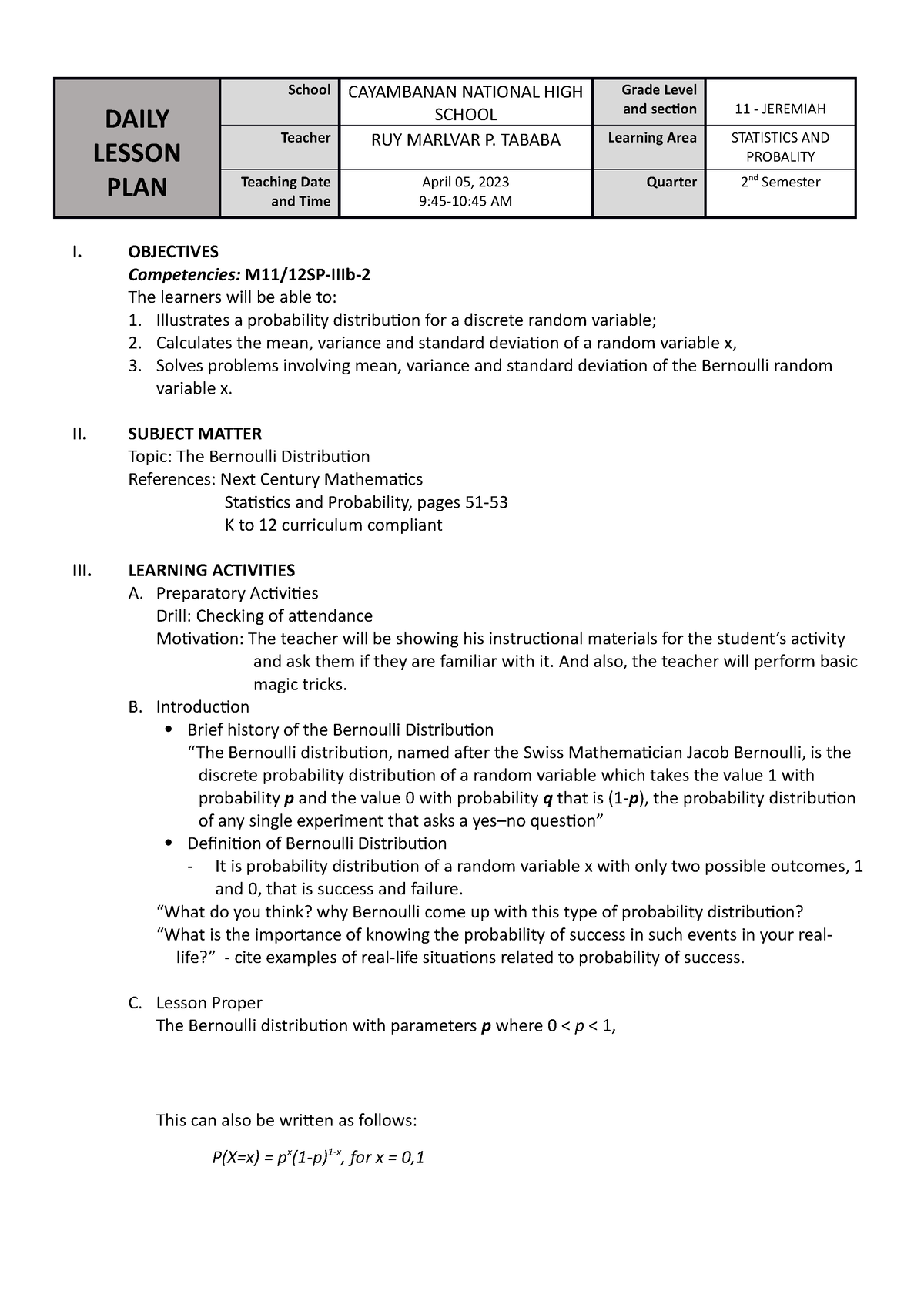 Detailed Lesson Plan - DAILY LESSON PLAN School CAYAMBANAN NATIONAL ...