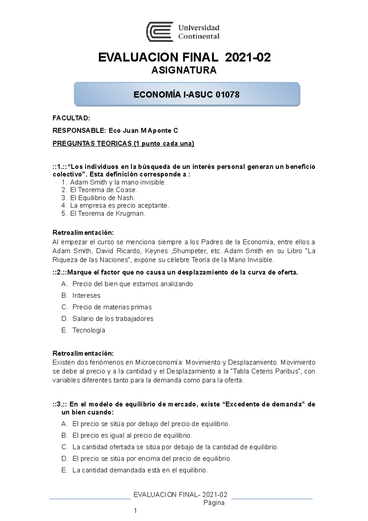 Examen De Economía Final - EVALUACION FINAL 2021- ASIGNATURA FACULTAD ...