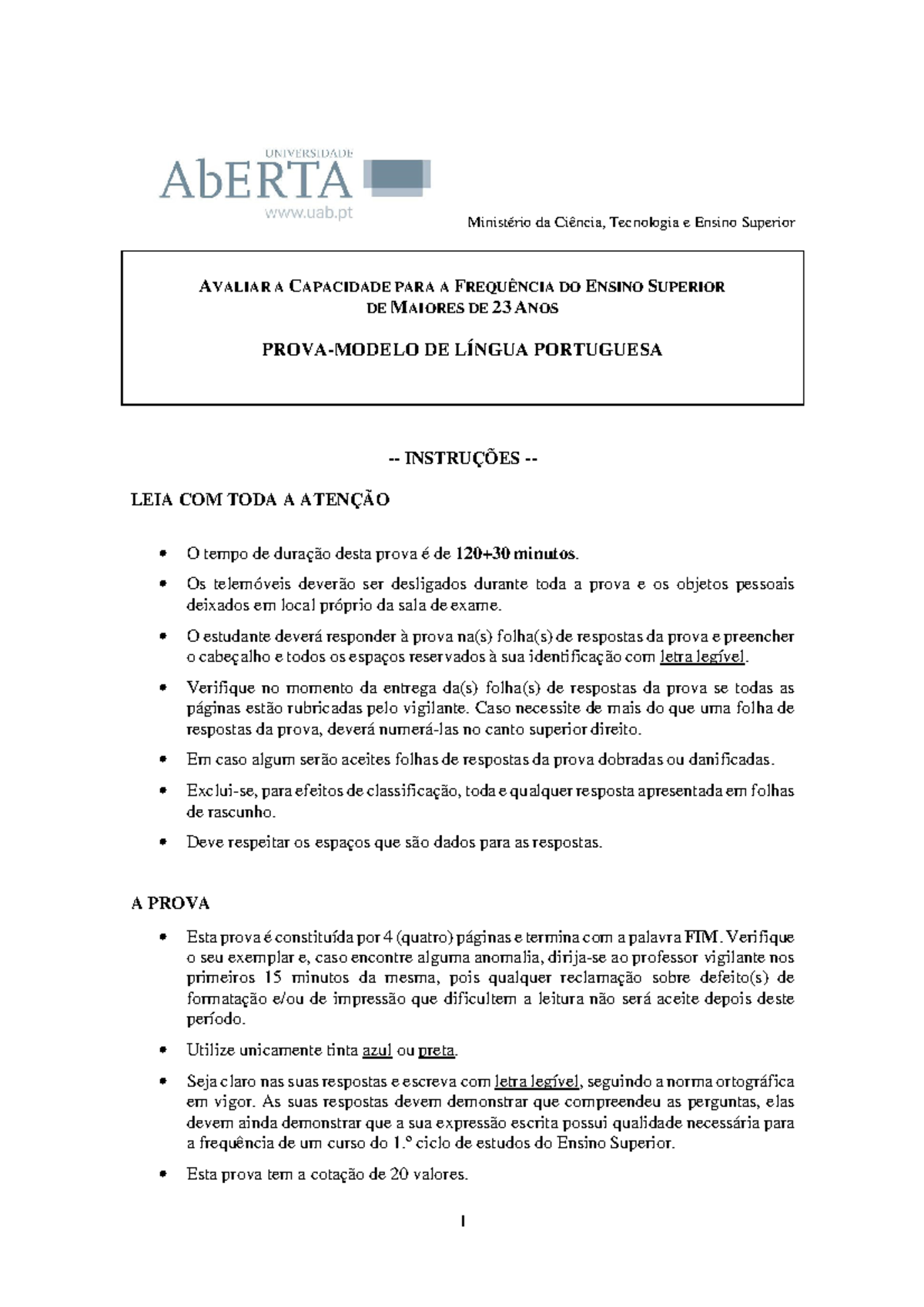 M23 Lingua Portuguesa Prova Ministério da Ciência Tecnologia e Ensino Superior AVALIAR A