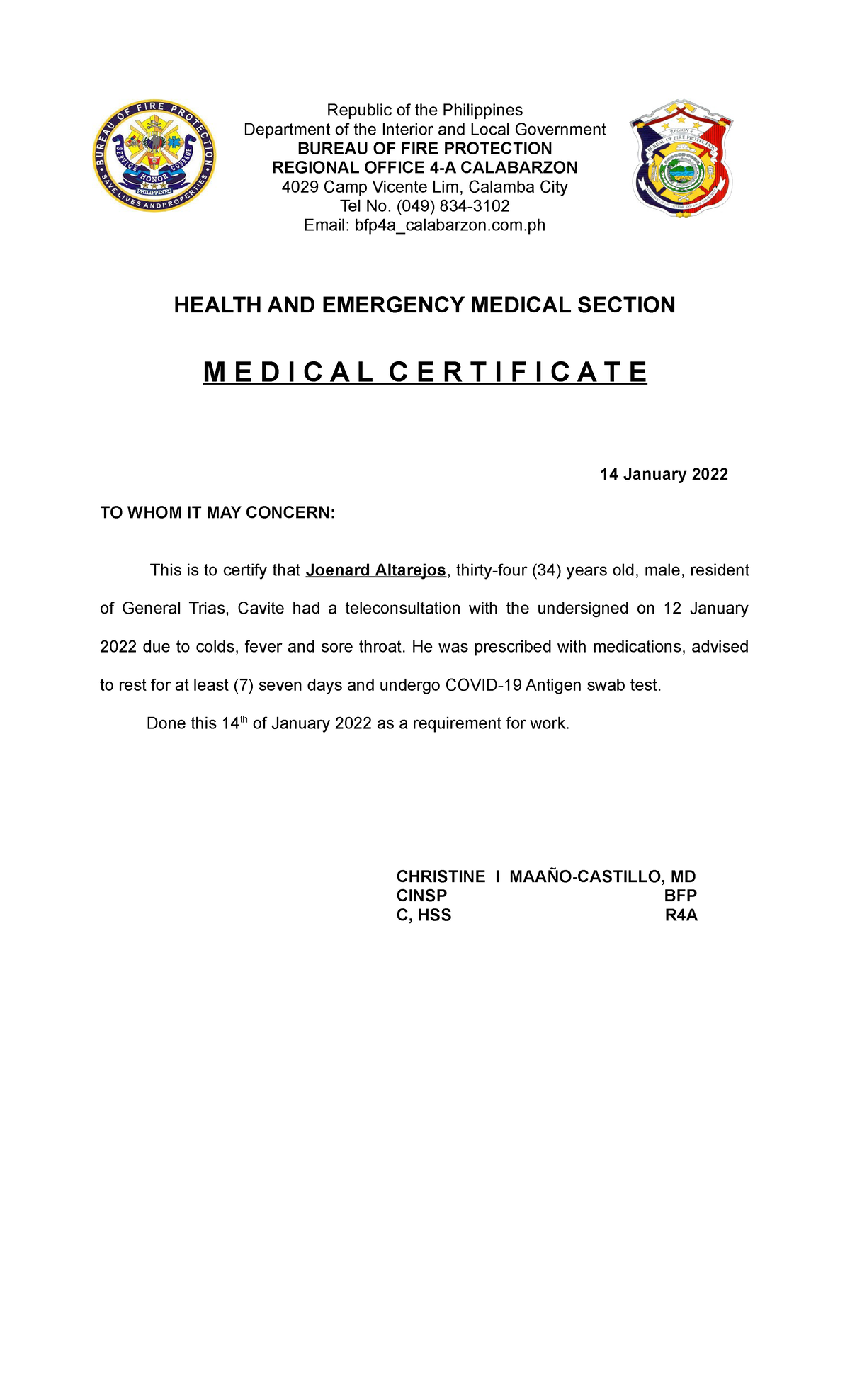 Medical certificate Jean Tamayo Department of the Interior and Local