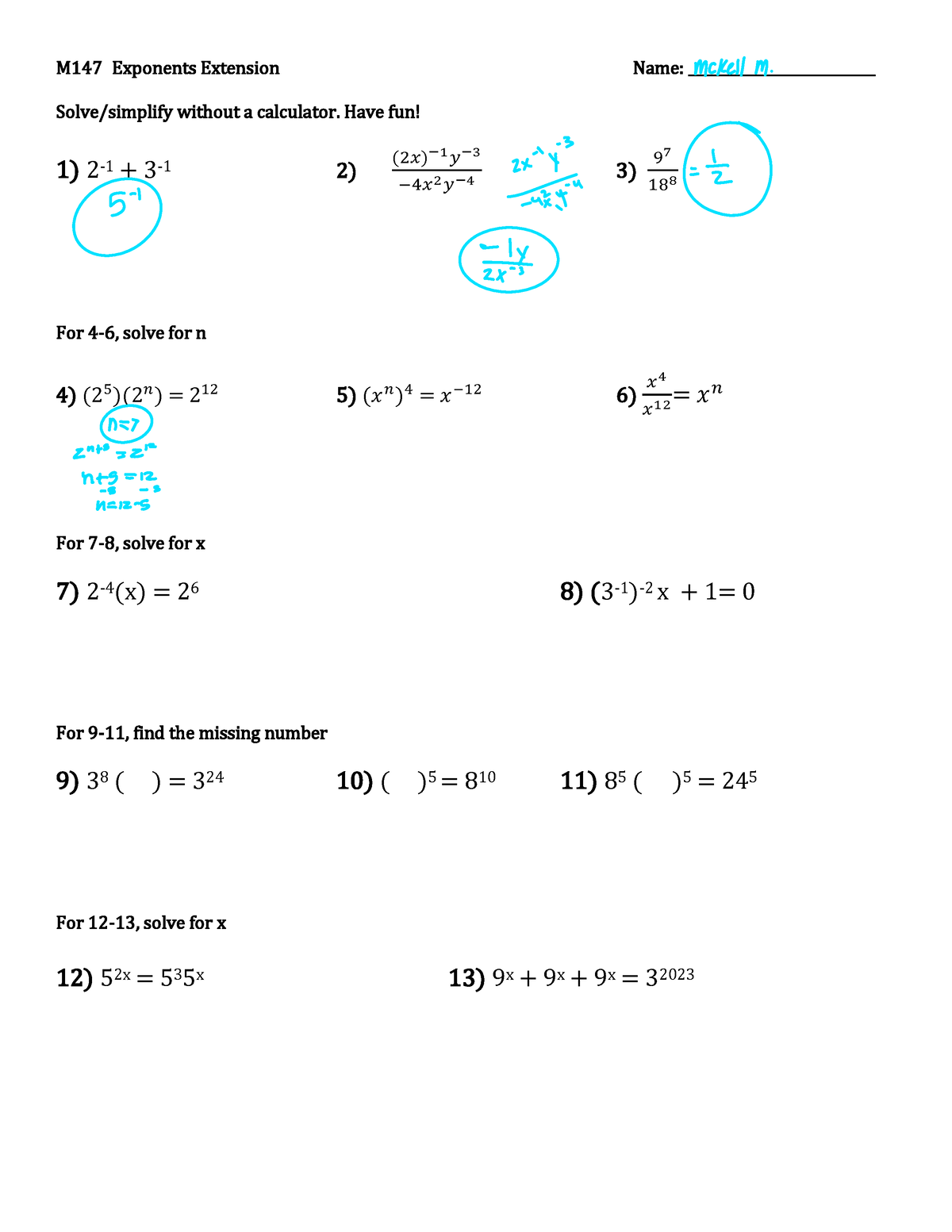 Exponent Challenge Problems Pdf M1 47 Exponents Extension Name