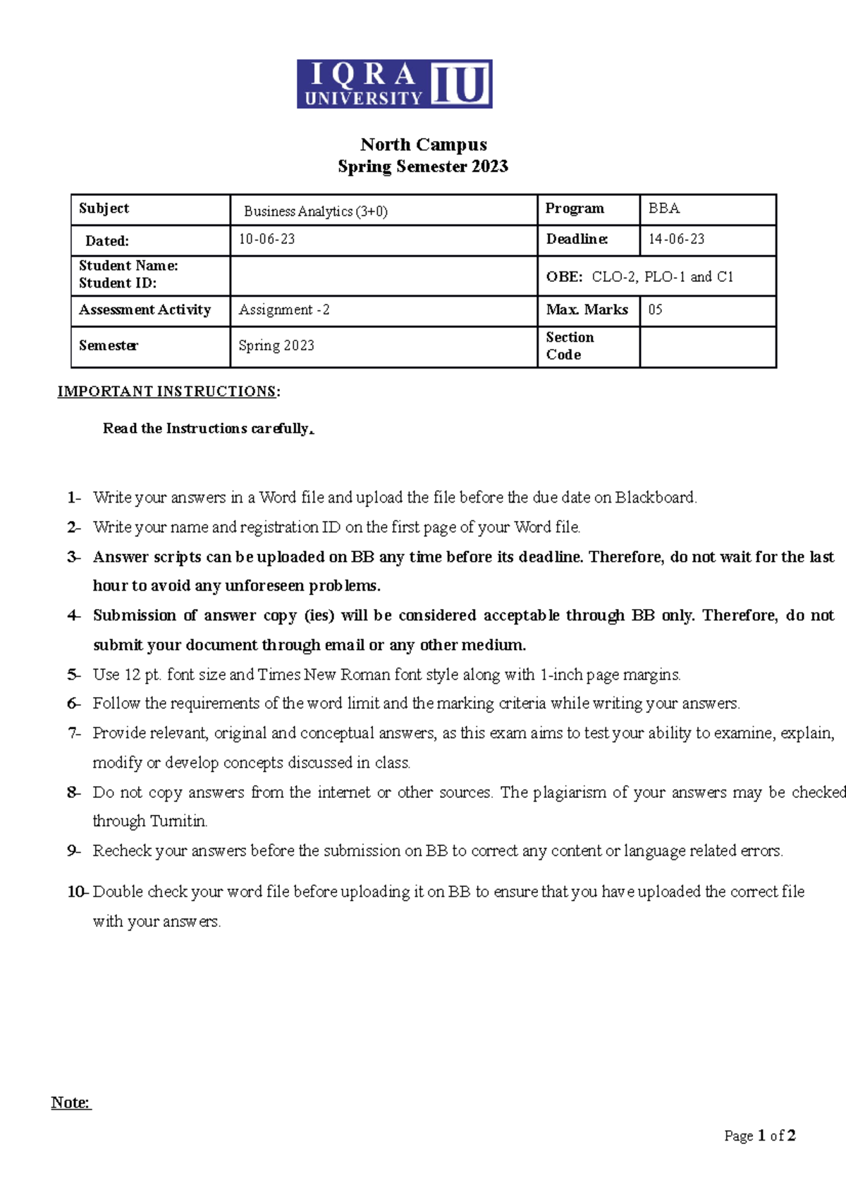 Assignment 2 - IMPORTANT INSTRUCTIONS: Read the Instructions carefully ...