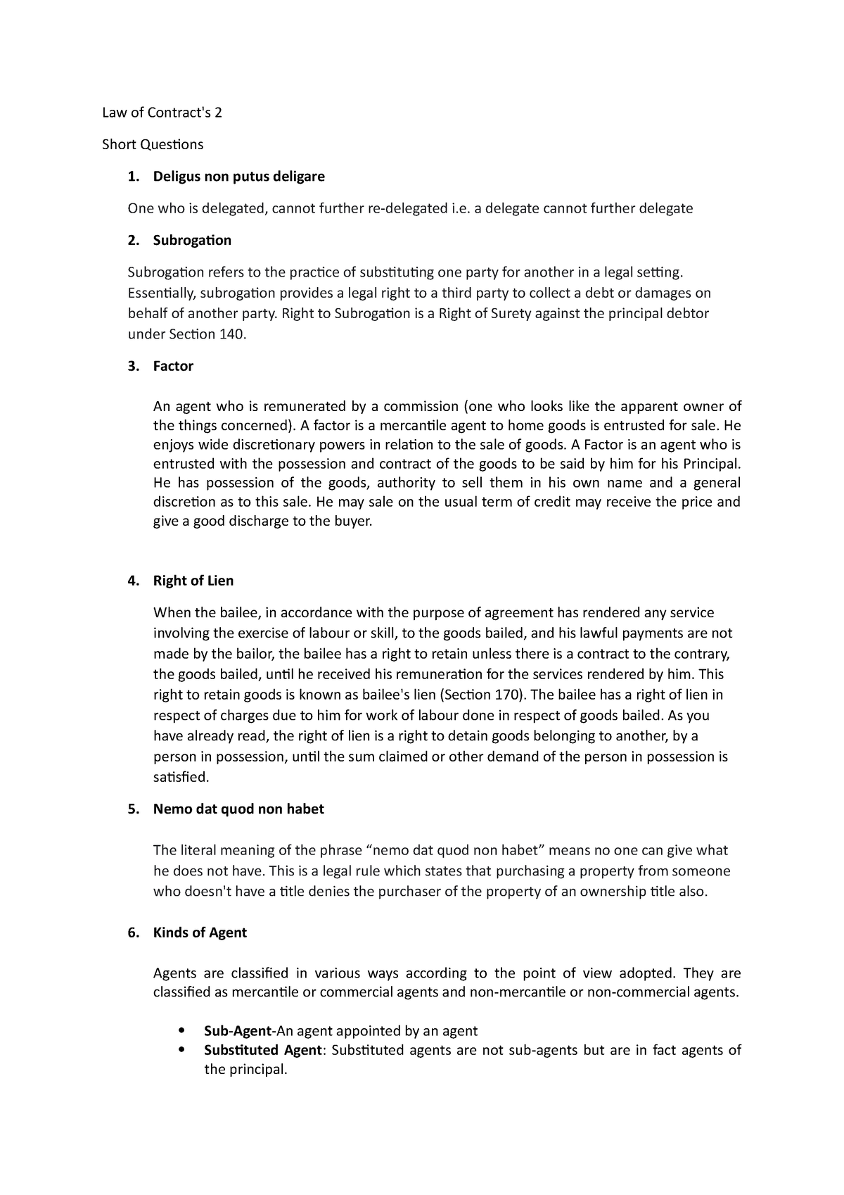 Law of Contract 2 - llb 3ydc - Law of Contract's 2 Short Questions ...