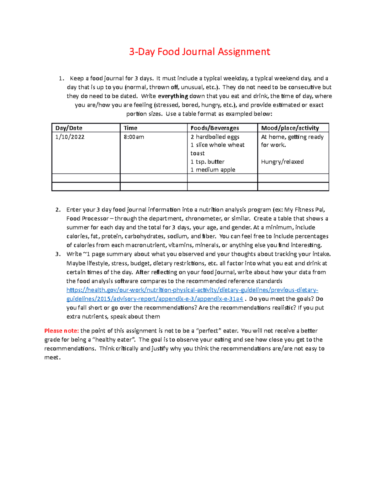 3 day food journal - 1ST ASSIGNMENT - FNES 30 - QC CUNY - Studocu