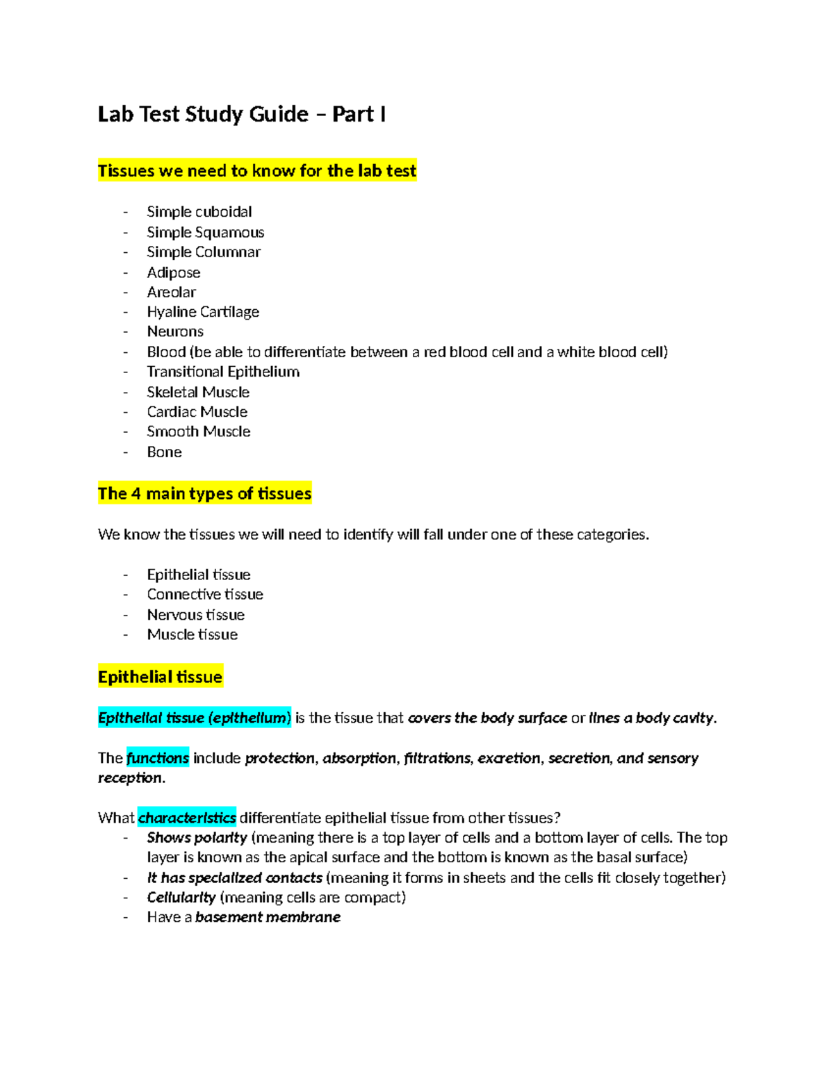 Lab Test Study Guide Tissues Lab Test Study Guide Part I Tissues