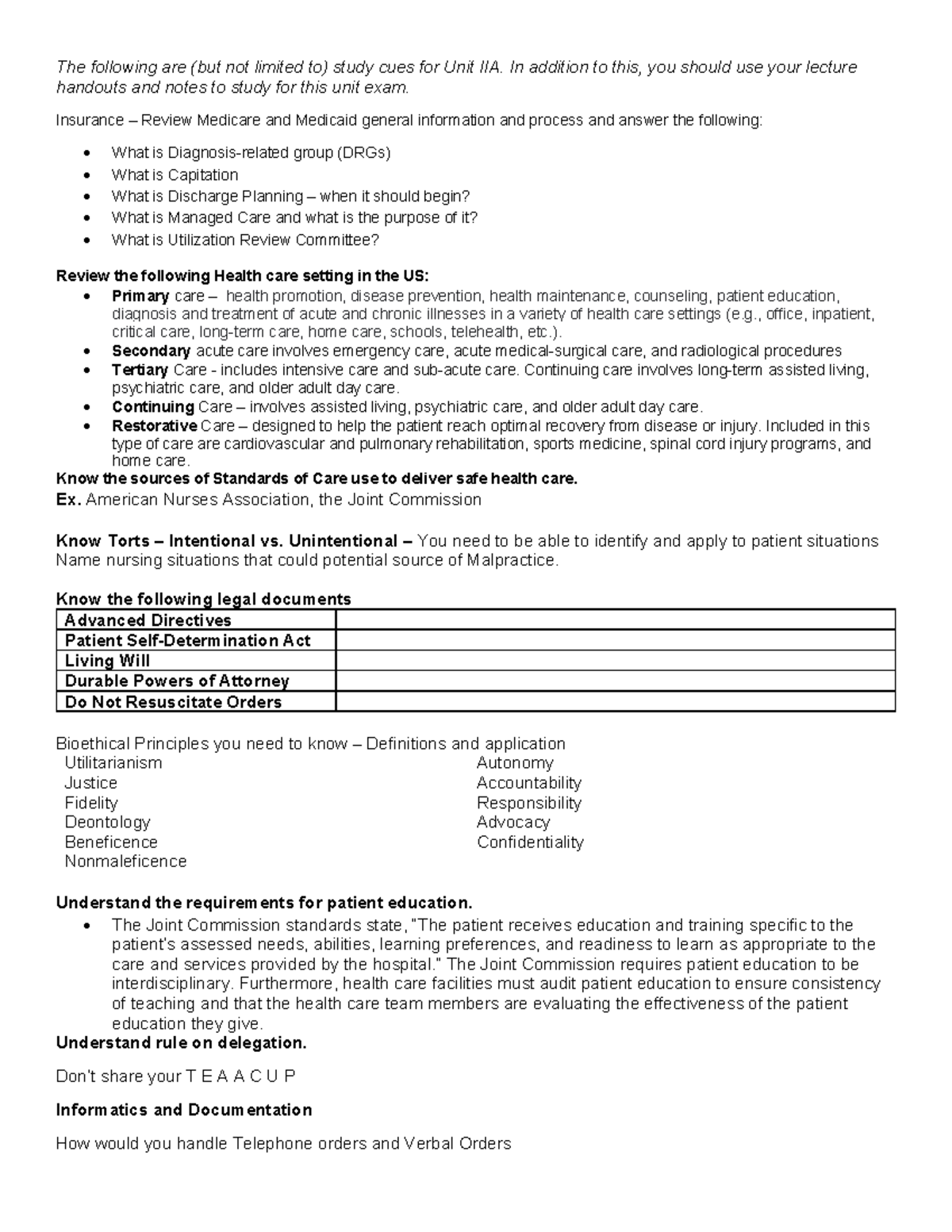 Unit IIA Part I & II study guide - The following are (but not limited ...